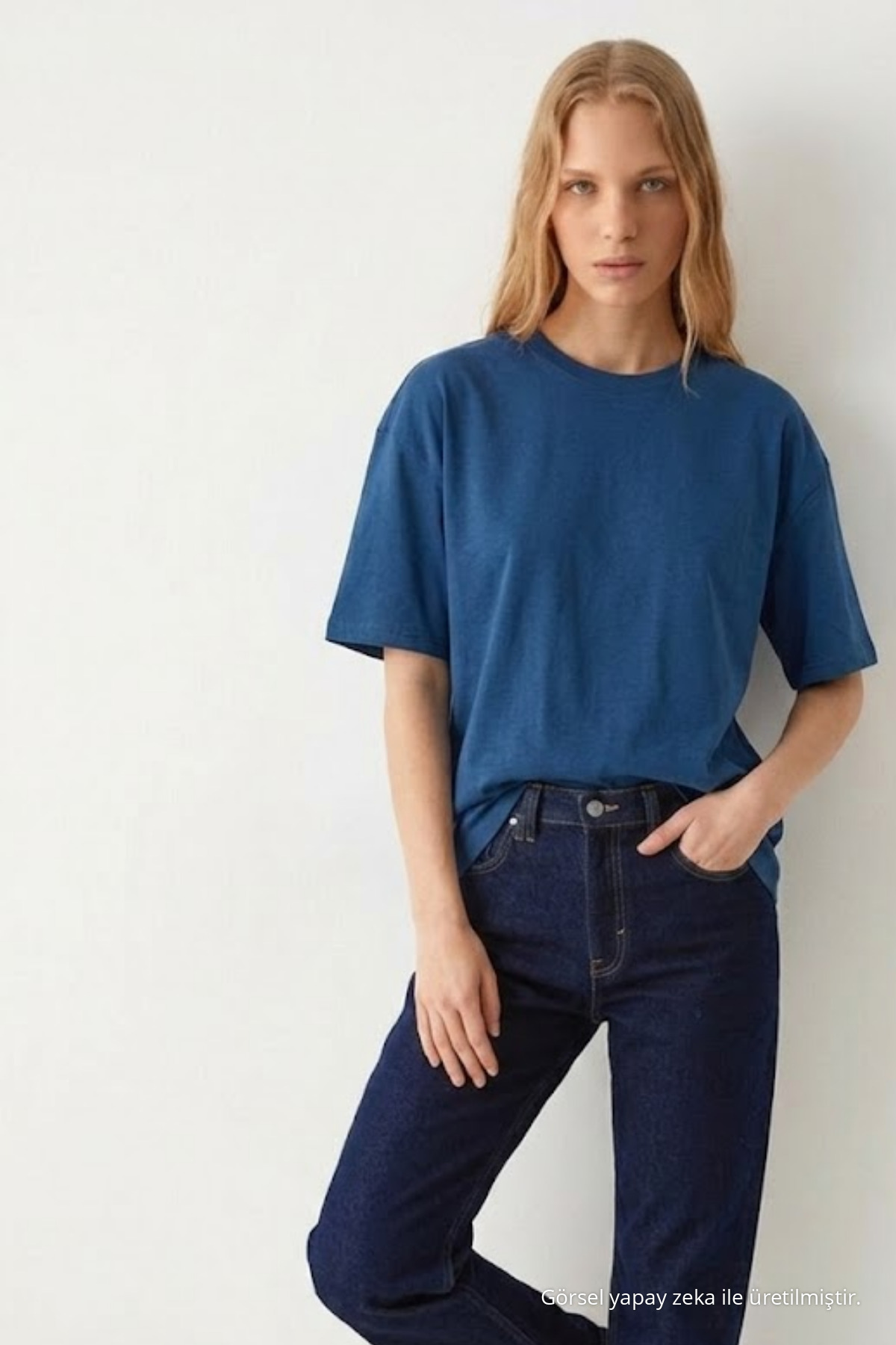 Kadın Bisiklet Yaka Mavi Oversize Tişört 3