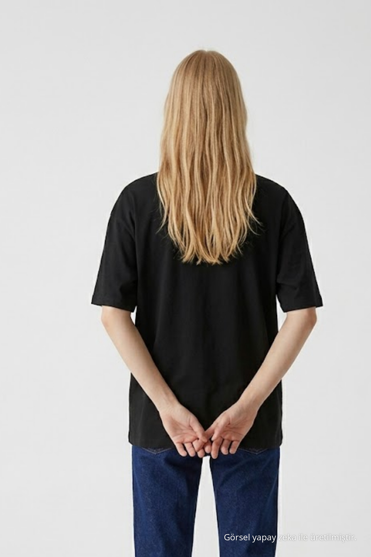 Kadın Bisiklet Yaka Siyah Oversize Tişört 6
