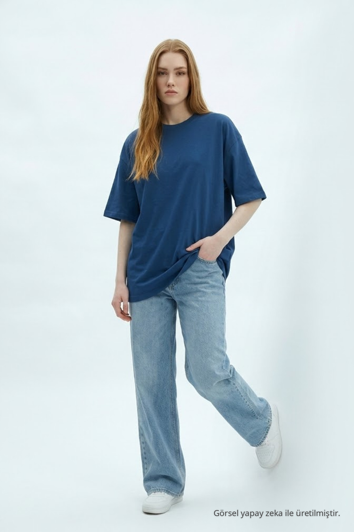 Kadın Kısa Kol Pamuklu Mavi Oversize Tişört 3