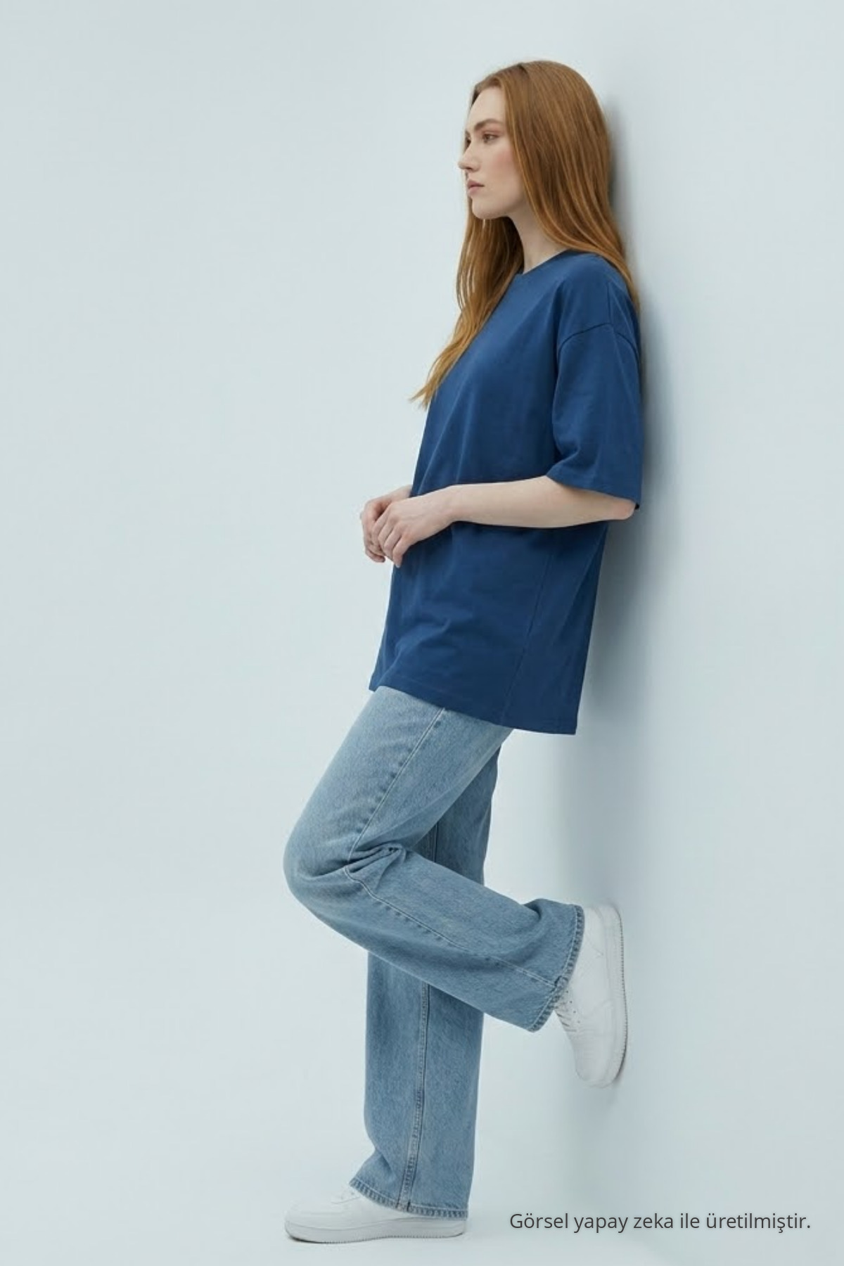 Kadın Kısa Kol Pamuklu Mavi Oversize Tişört 4