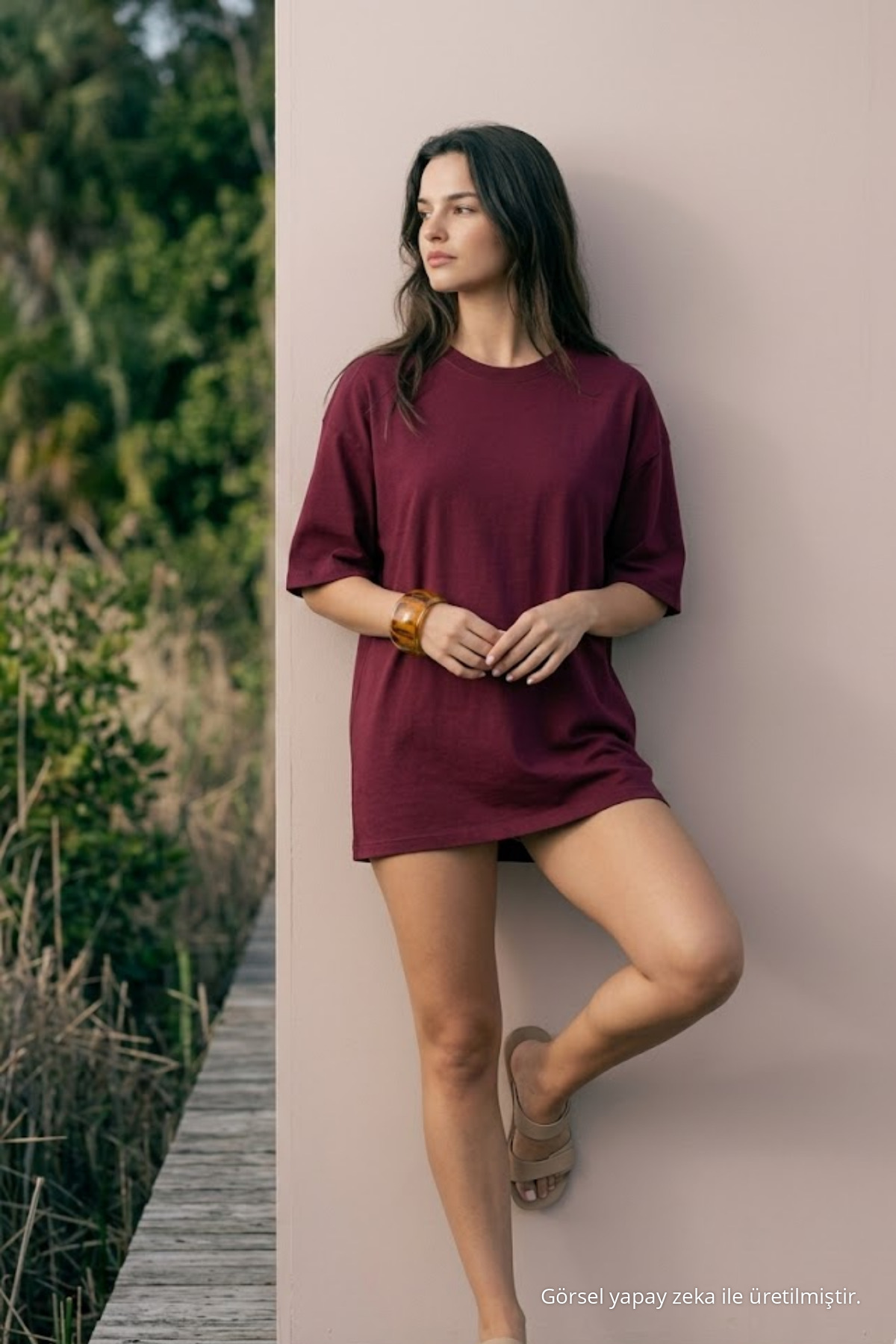 Kadın Kısa Kollu Bisiklet Yaka Bordo Tişört 4