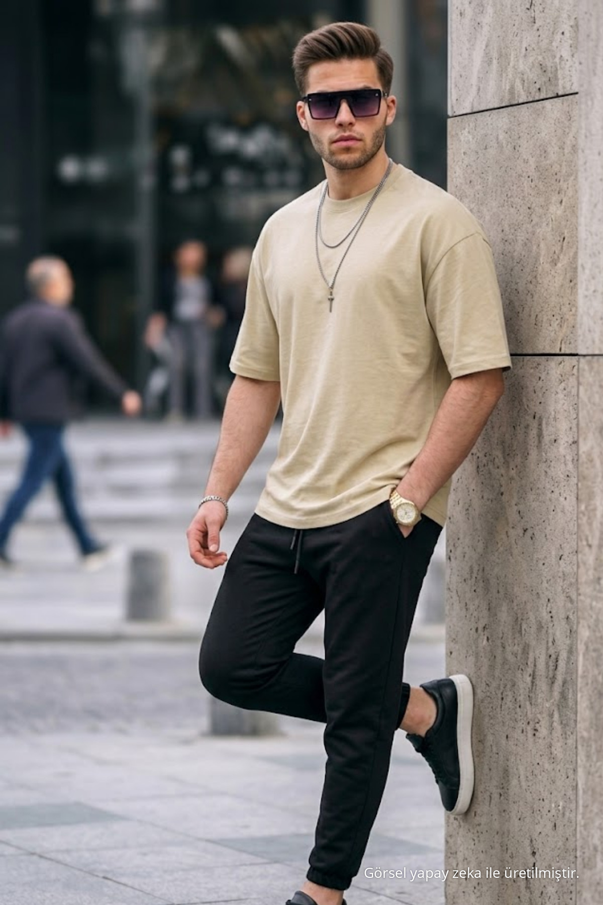 Erkek Premium Basic Trend Bej Oversize Tişört 3