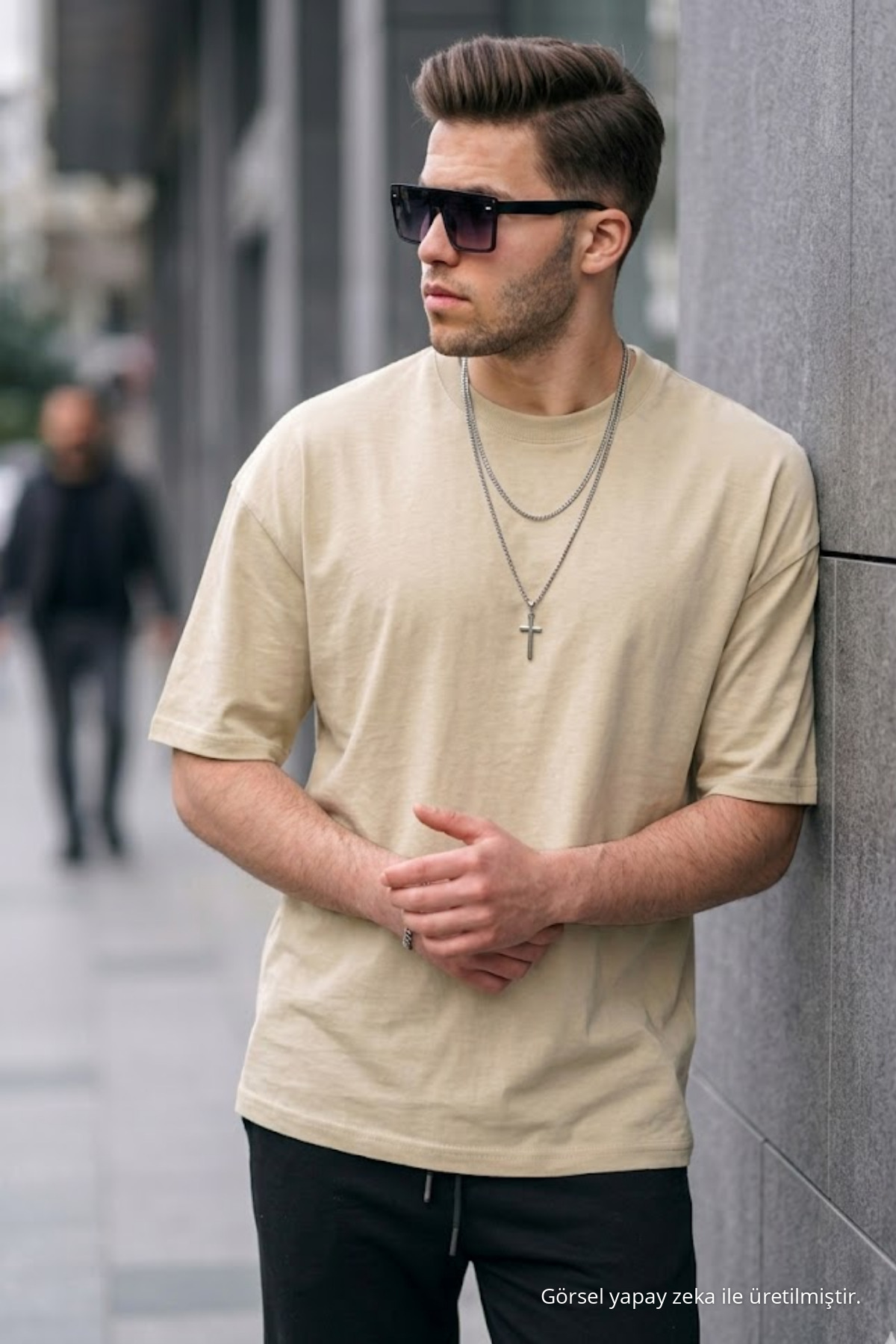 Erkek Premium Basic Trend Bej Oversize Tişört 4