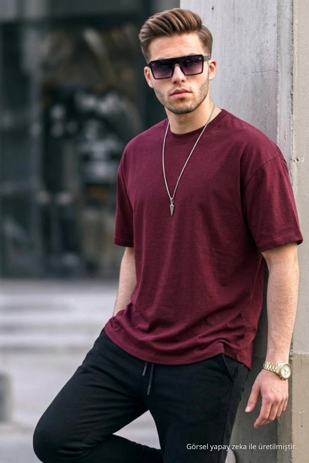 Erkek Premium Basic Trend Bordo Oversize Tişört 3