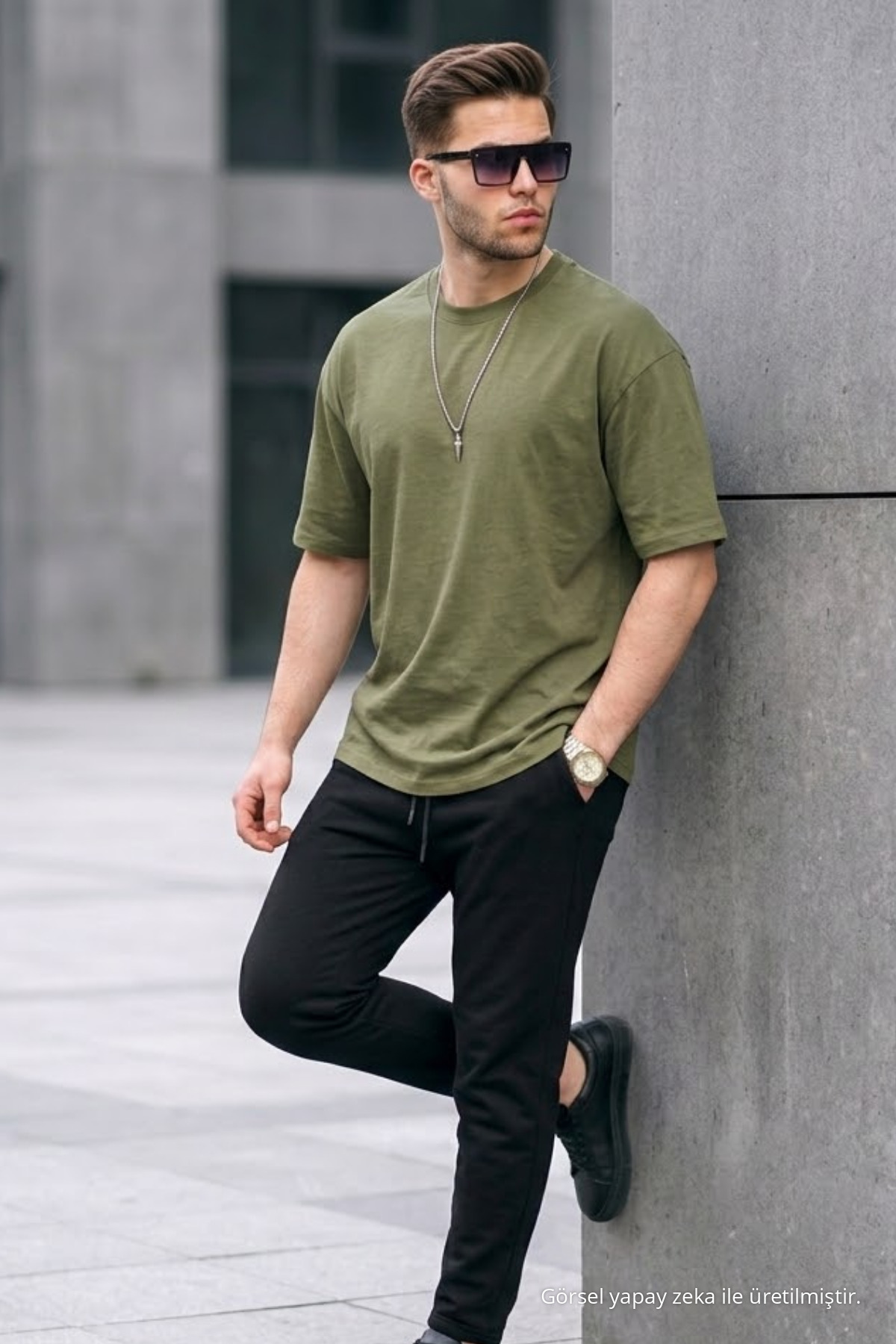 Erkek Premium Basic Trend HAKİ Oversize Tişört 3