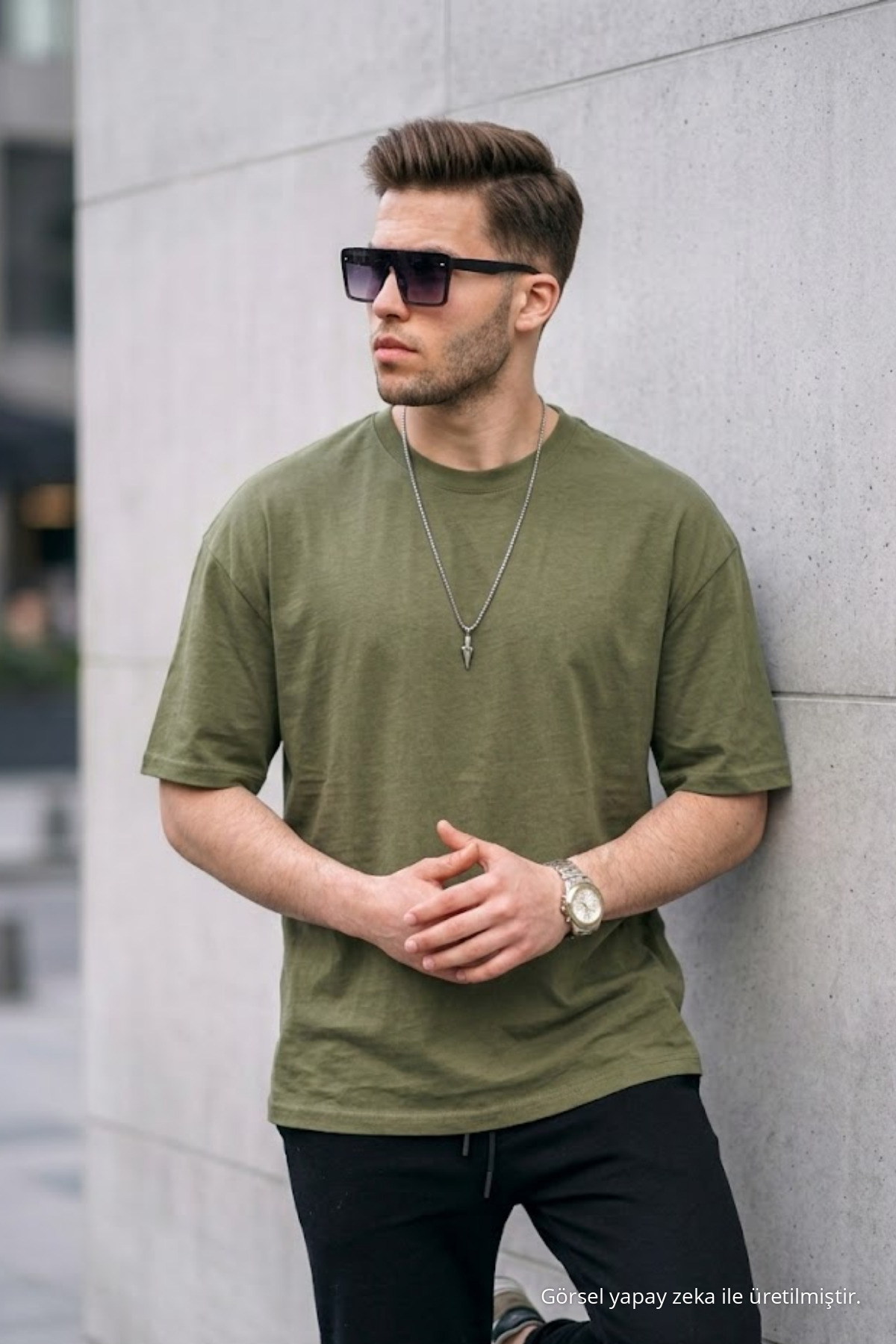Erkek Premium Basic Trend HAKİ Oversize Tişört 4