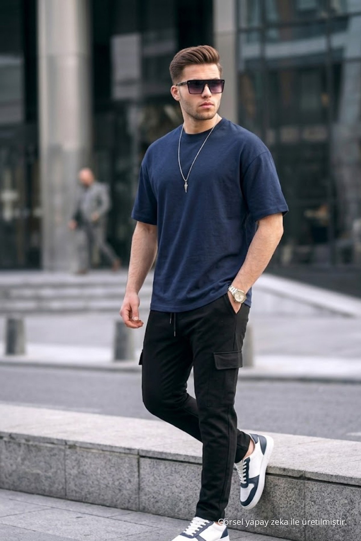 Erkek Premium Basic Trend LACİVERT Oversize Tişört 3