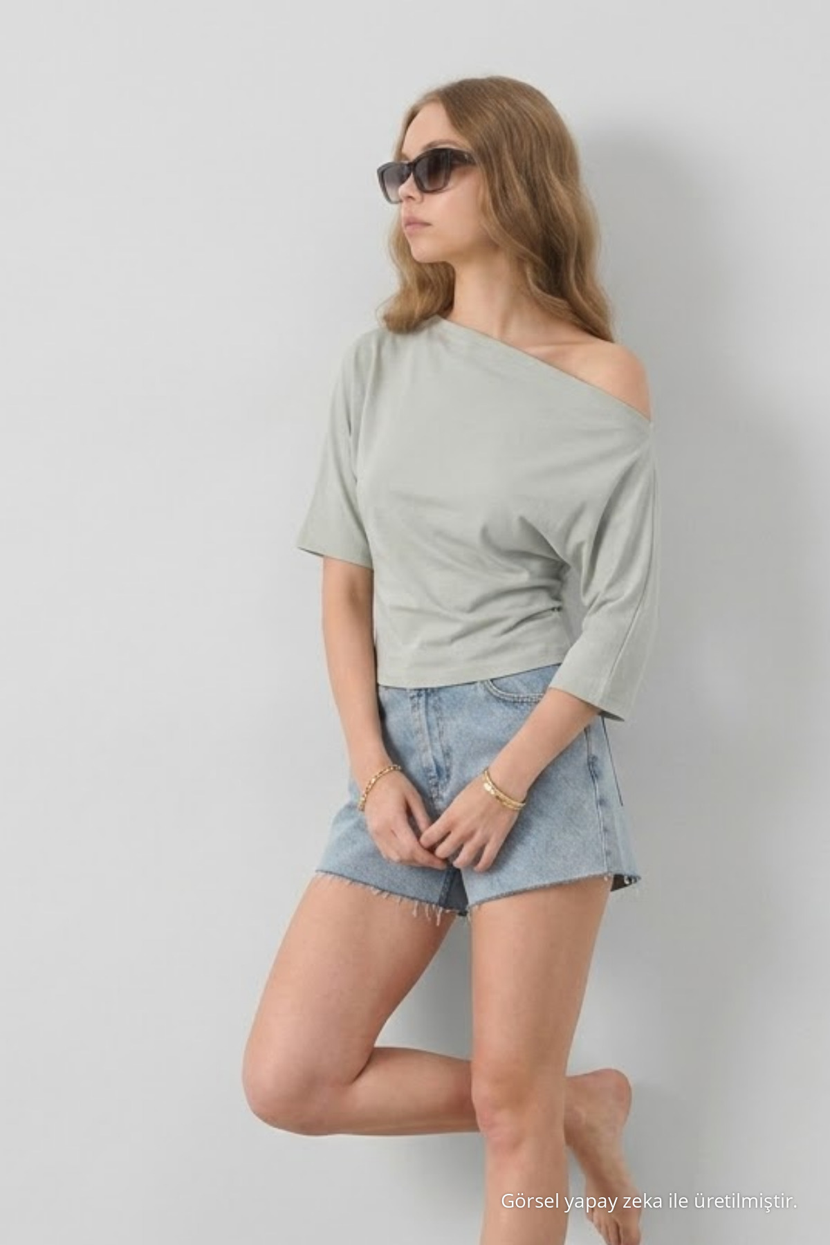 Kadın Kayık Yaka Yarım Kol Gri Bluz 4