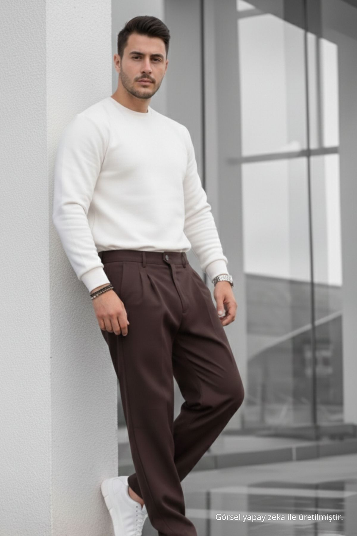 Erkek Çift Pileli Salaş KAHVERENGİ Baggy Pantolon 4