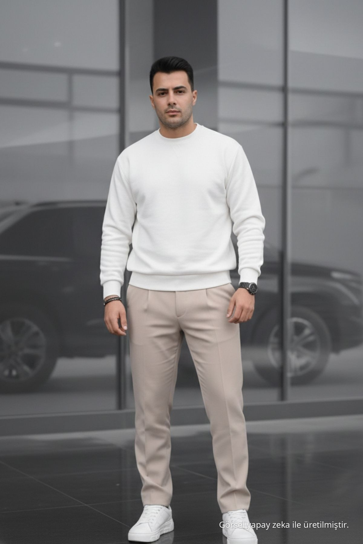 Erkek Çift Pileli Salaş Krem Baggy Pantolon 5