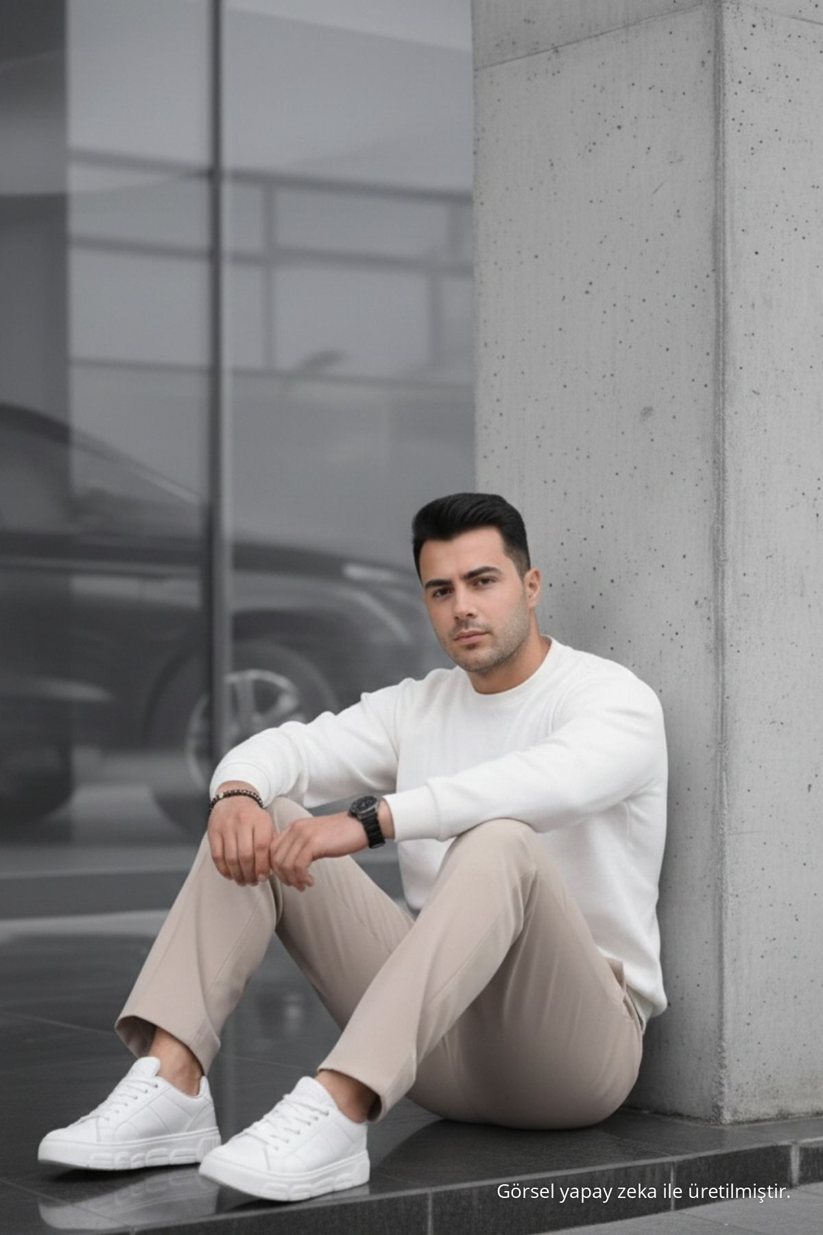 Erkek Çift Pileli Salaş Krem Baggy Pantolon 4