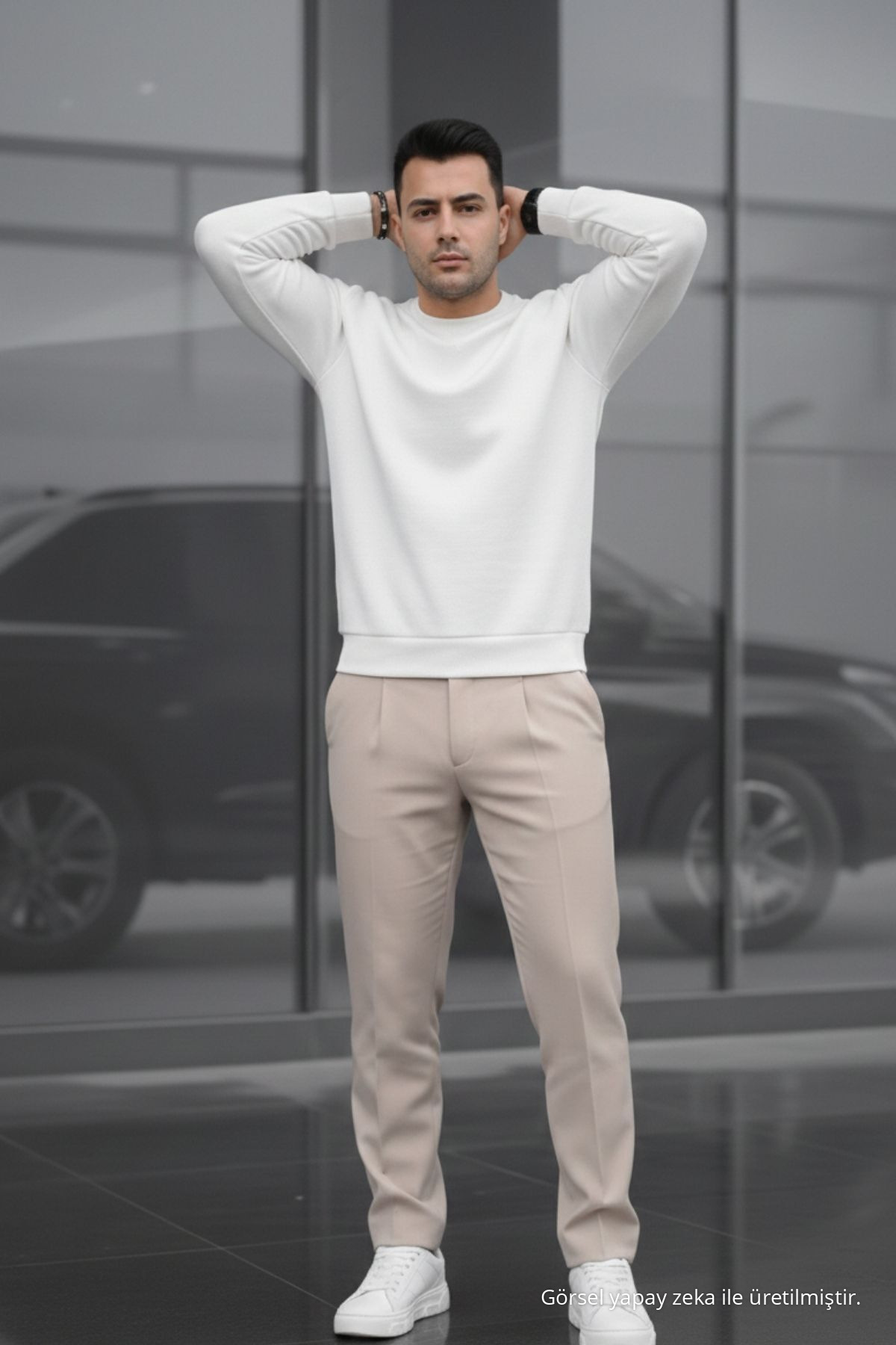 Erkek Çift Pileli Salaş Krem Baggy Pantolon 6