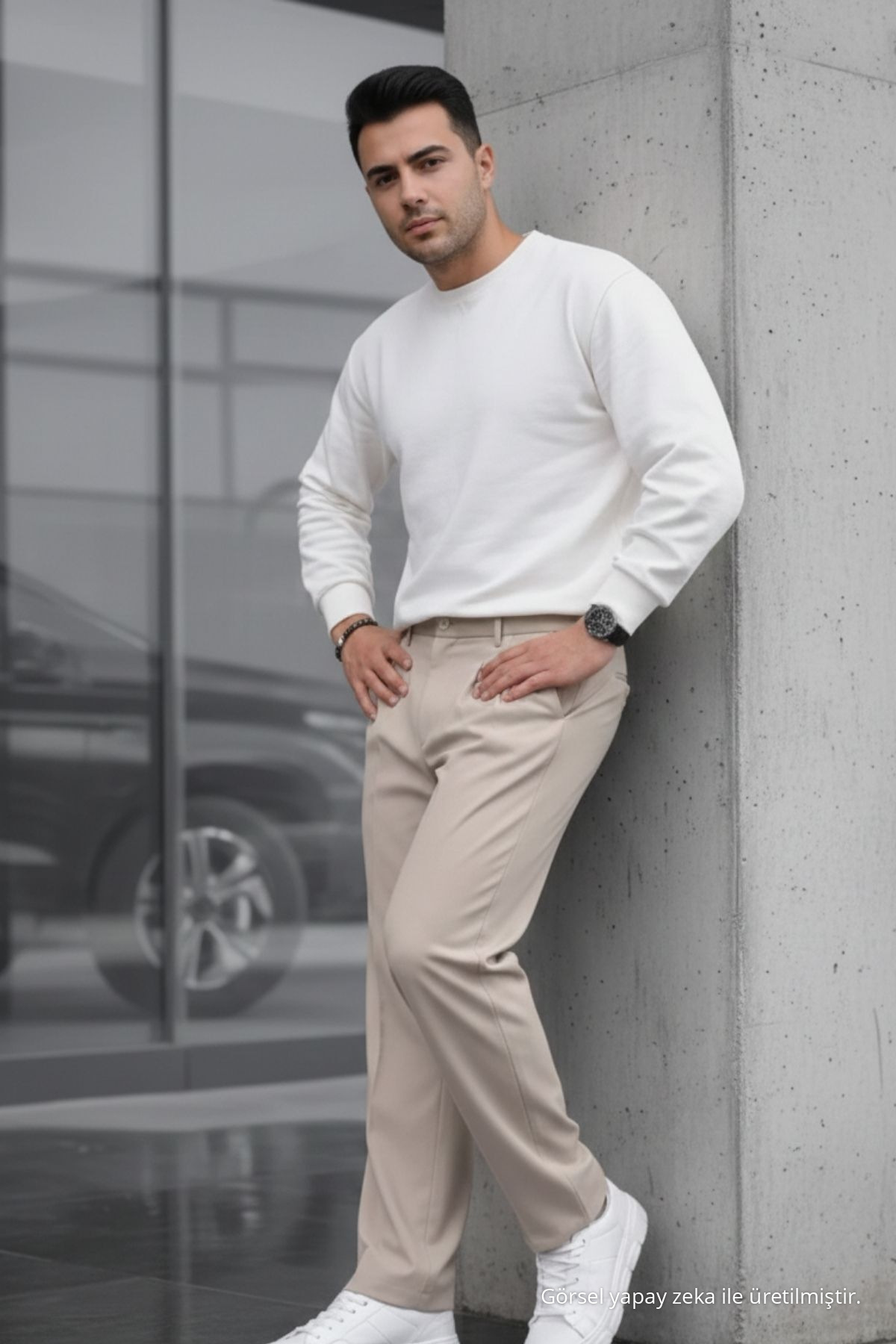 Erkek Çift Pileli Salaş Krem Baggy Pantolon 3