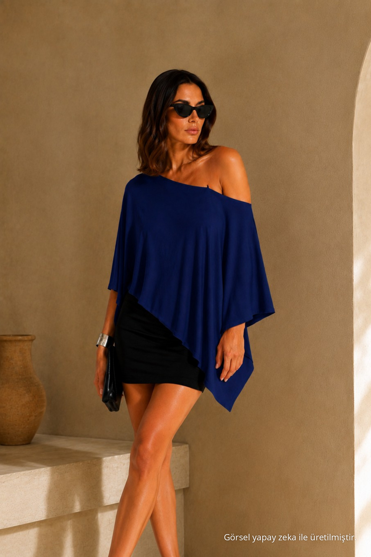Kadın Tek Omuz İNDİGO Asimetrik Dökümlü Bluz 3