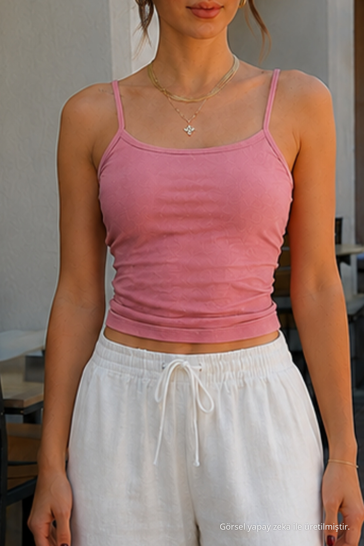 Kadın Basic İnce Askılı Dar Pembe Crop Bluz 6