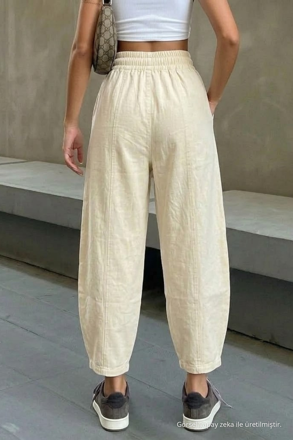 Kadın Beli Lastikli Ekru Şalvar Pantolon 5