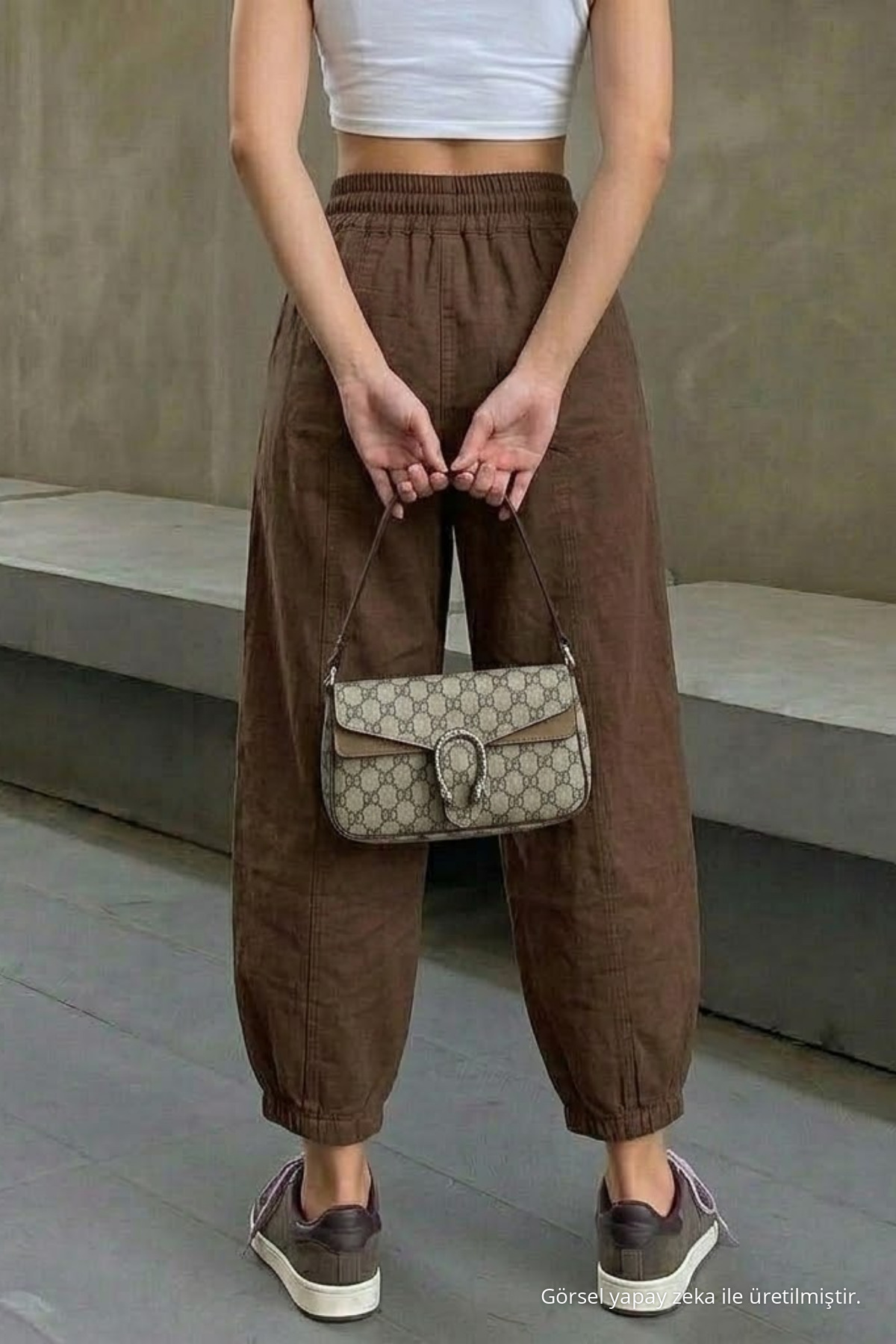 Kadın Beli Lastikli Kahve Şalvar Pantolon 6