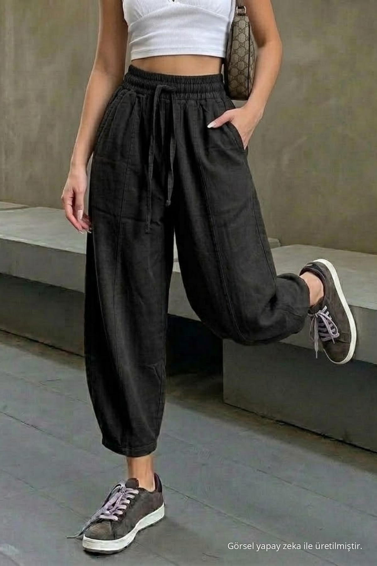 Kadın Beli Lastikli Siyah Şalvar Pantolon 3