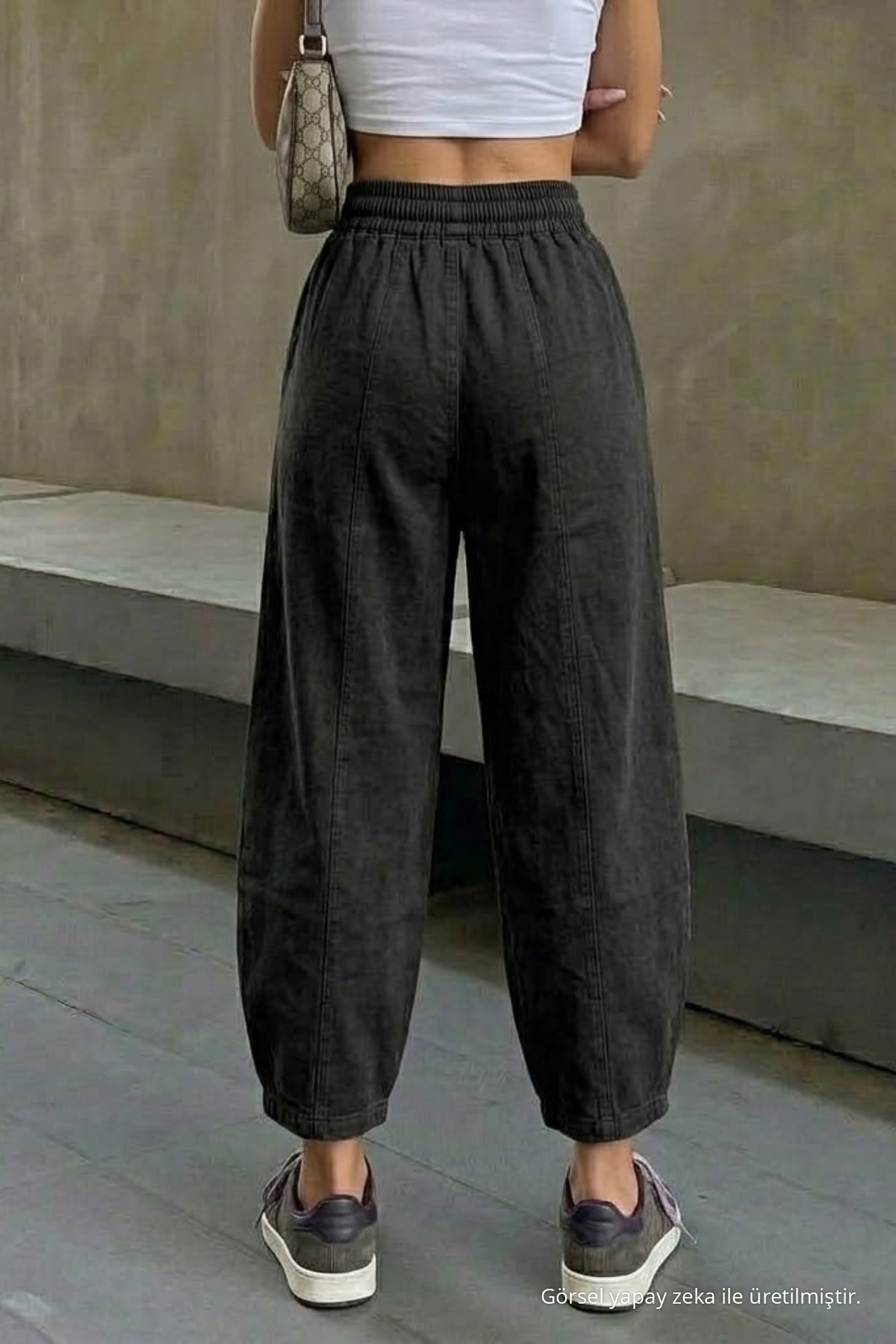 Kadın Beli Lastikli Siyah Şalvar Pantolon 5