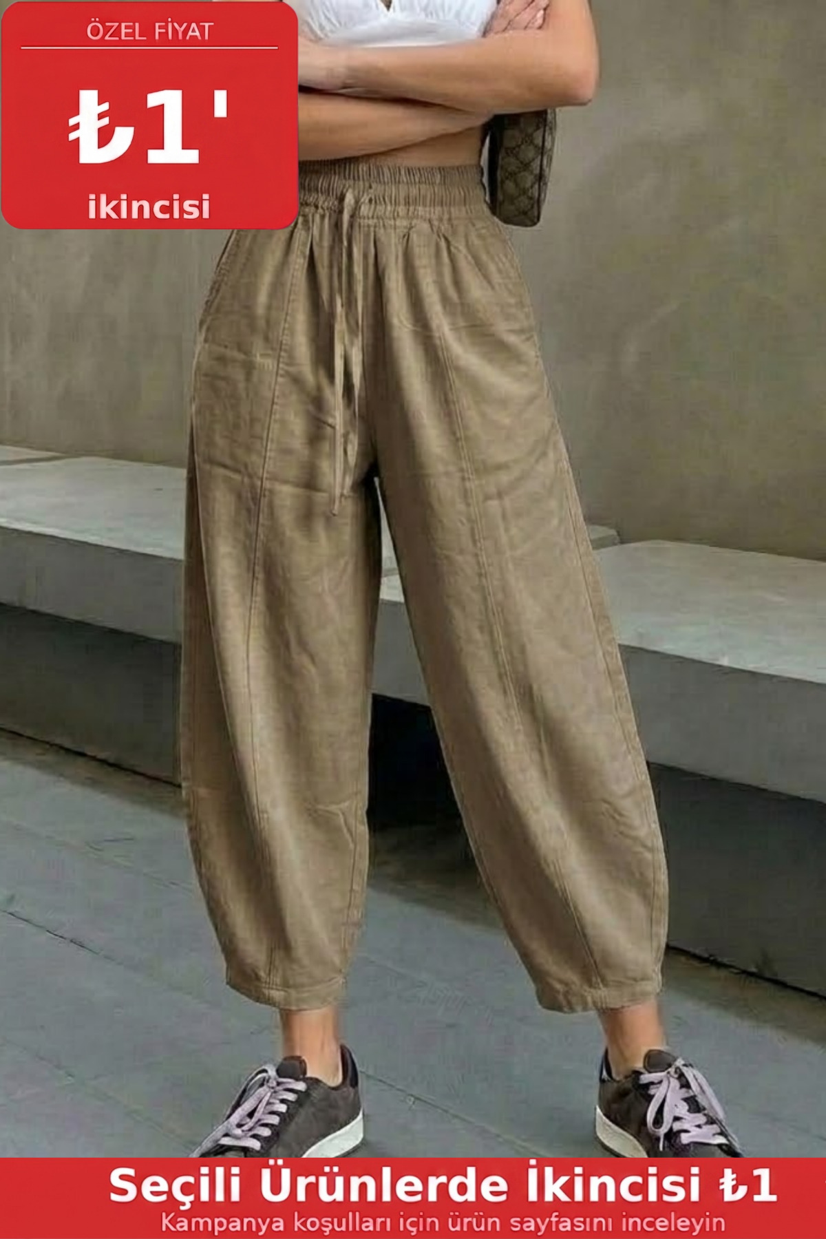 Kadın Beli Lastikli Vizon Şalvar Pantolon