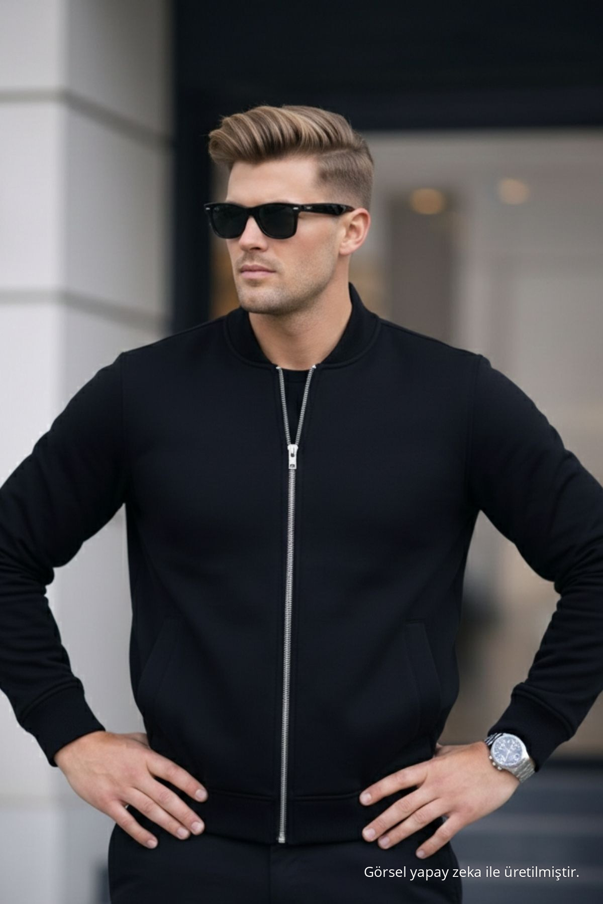 Erkek Tam Fermuarlı Salaş Siyah Sweatshirt 3