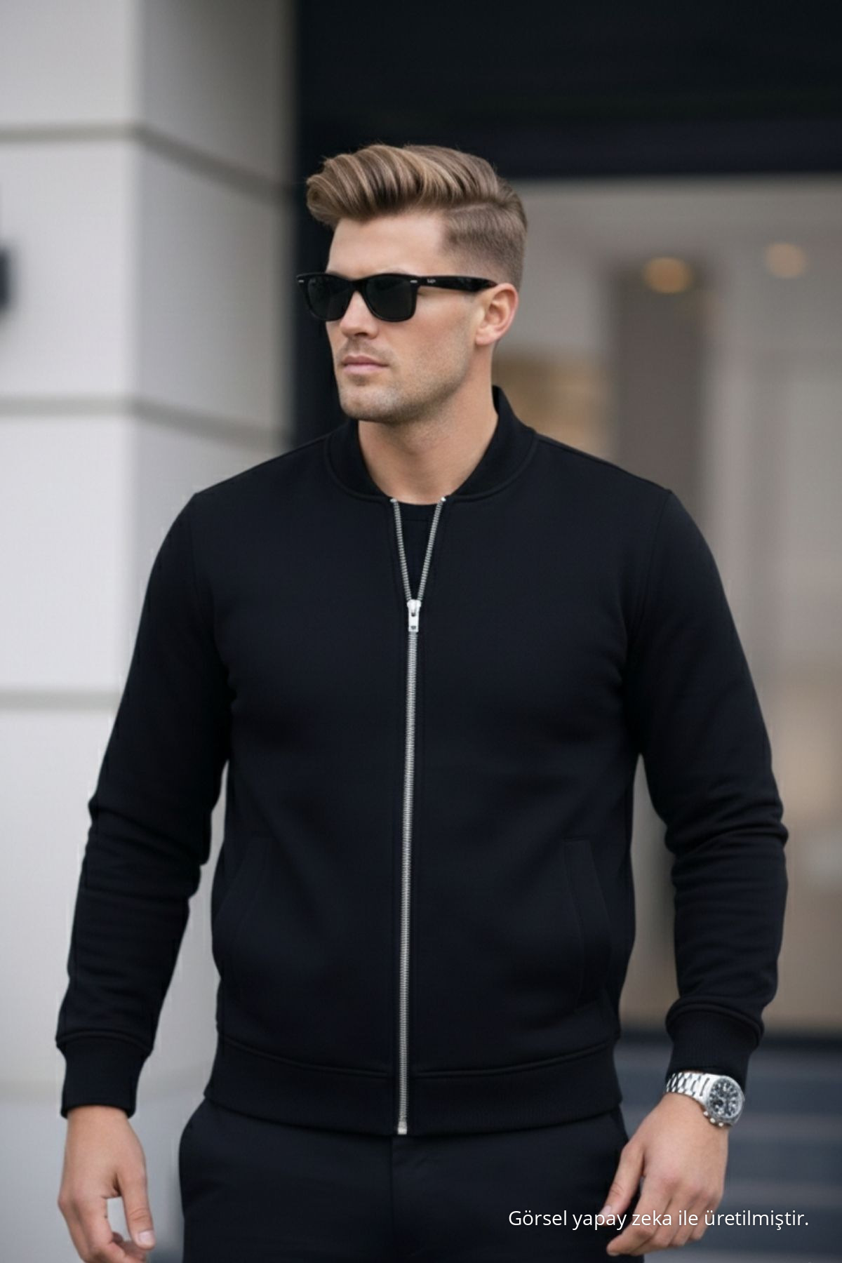 Erkek Tam Fermuarlı Salaş Siyah Sweatshirt 4