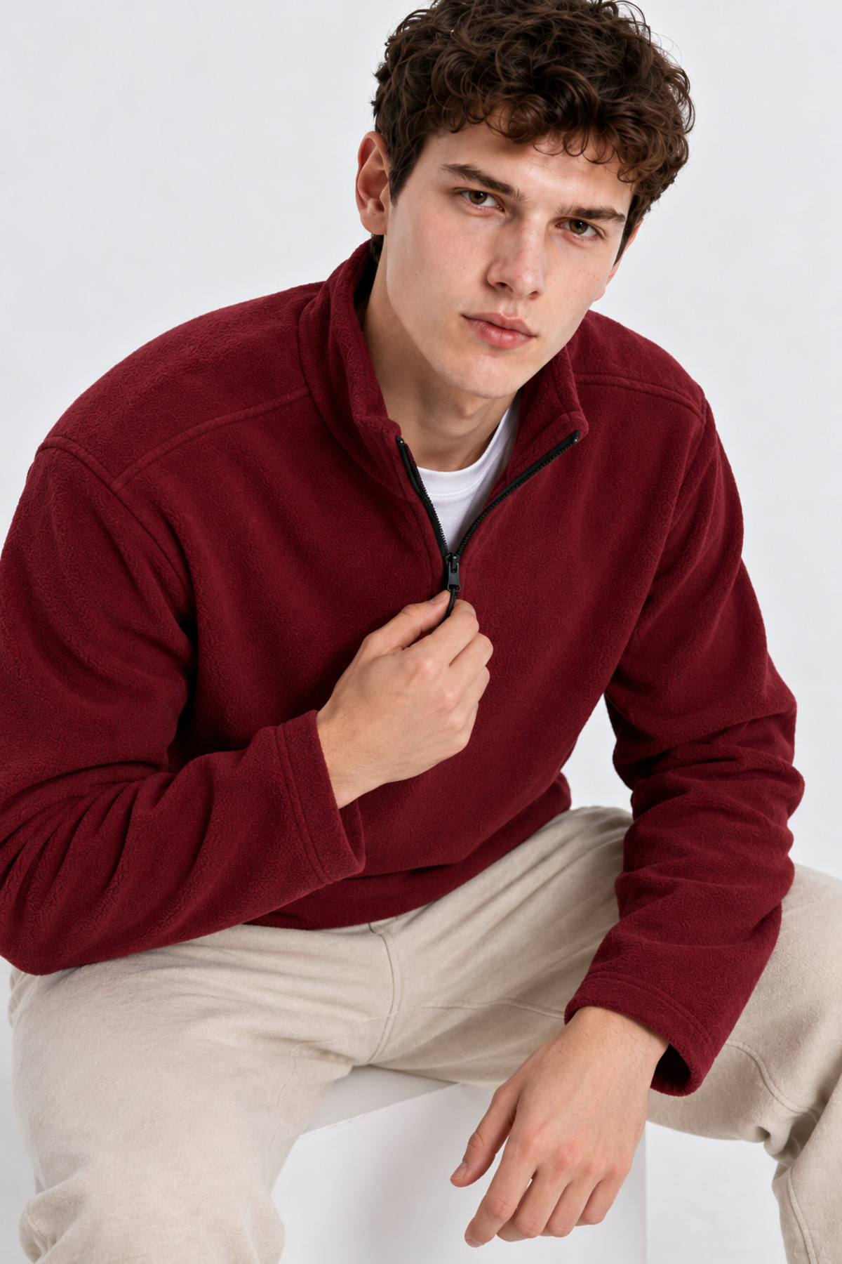 Erkek Yarım Fermuarlı Bol Bordo Sweatshirt 6