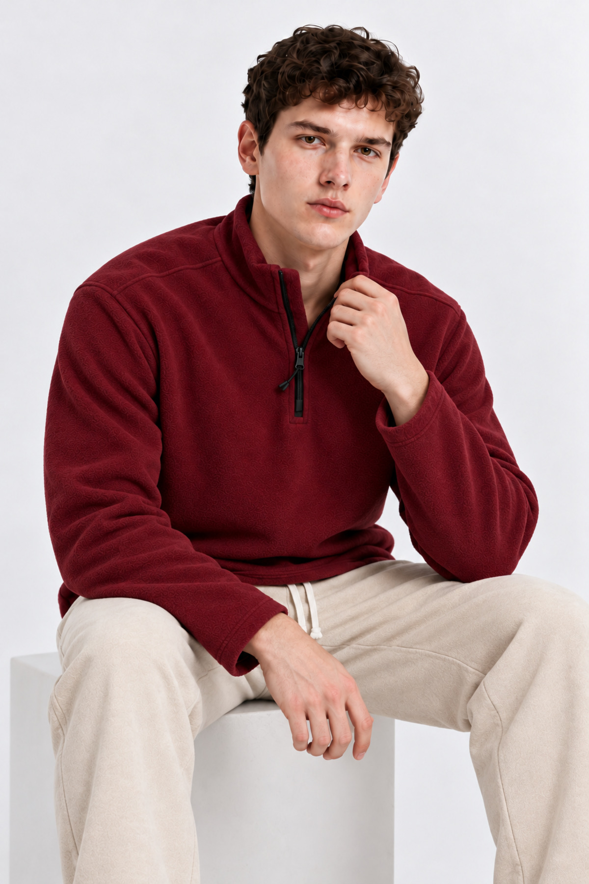 Erkek Yarım Fermuarlı Bol Bordo Sweatshirt 4