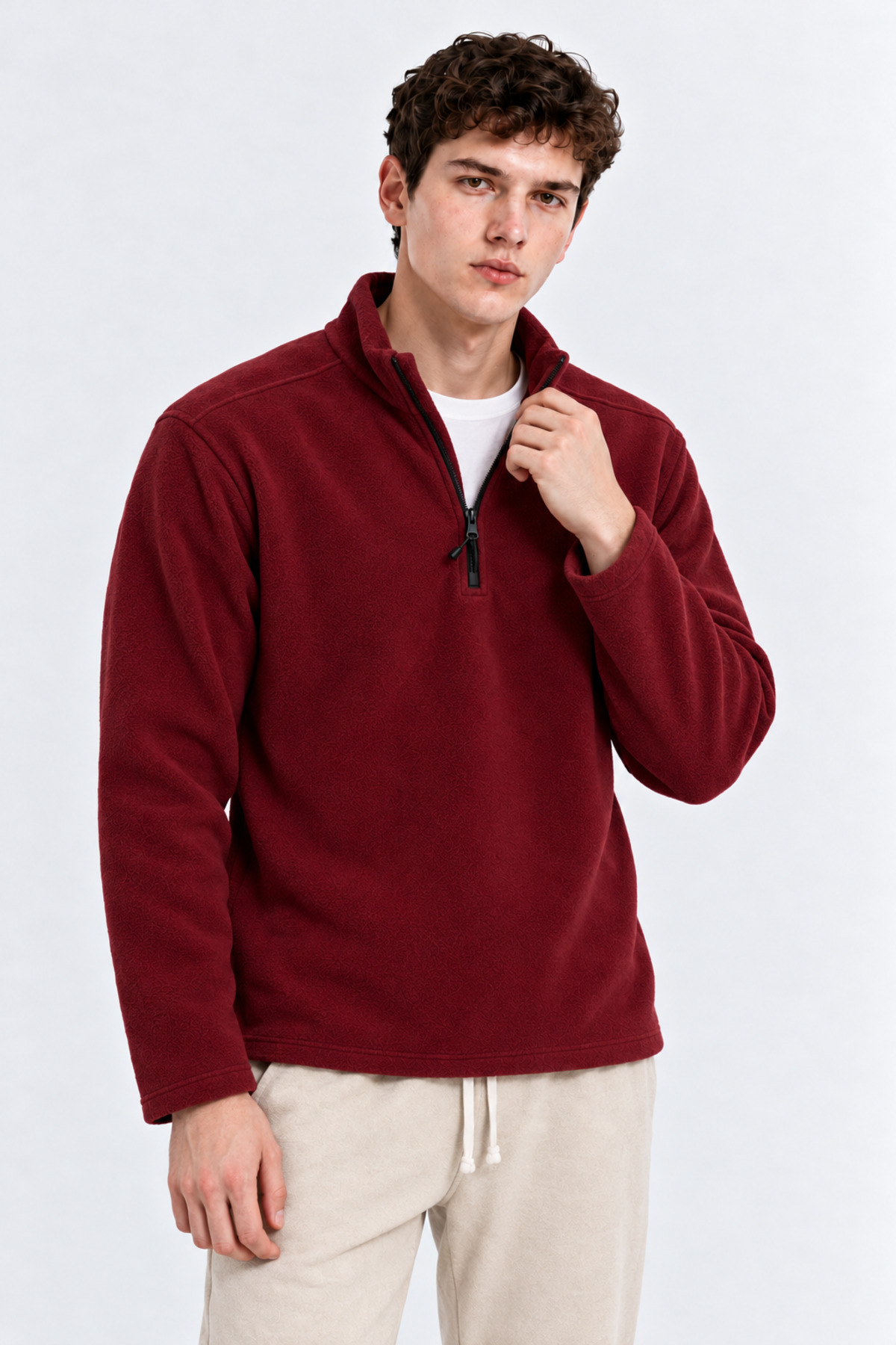 Erkek Yarım Fermuarlı Bol Bordo Sweatshirt 5