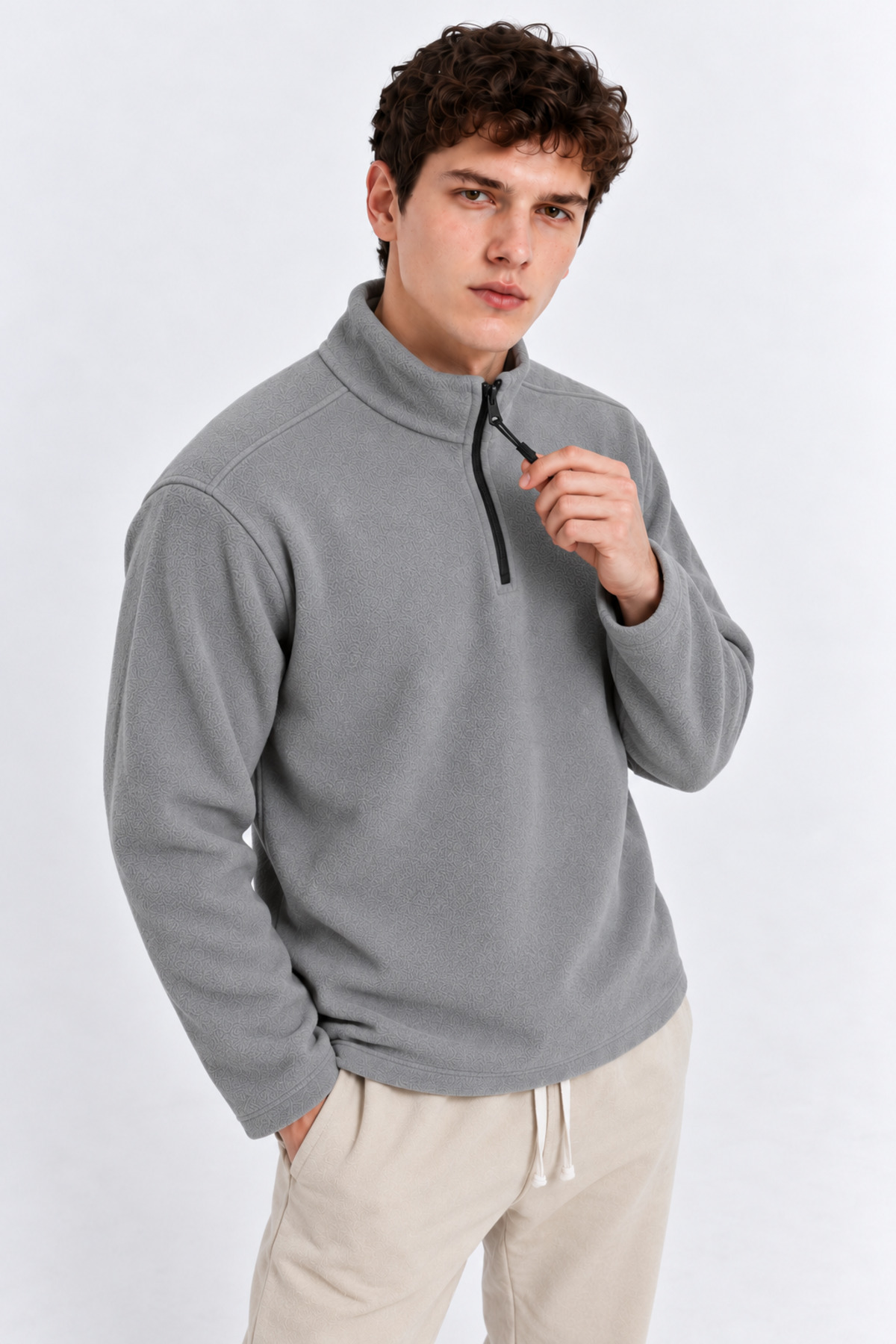 Erkek Yarım Fermuarlı Bol GRİ Sweatshirt 4