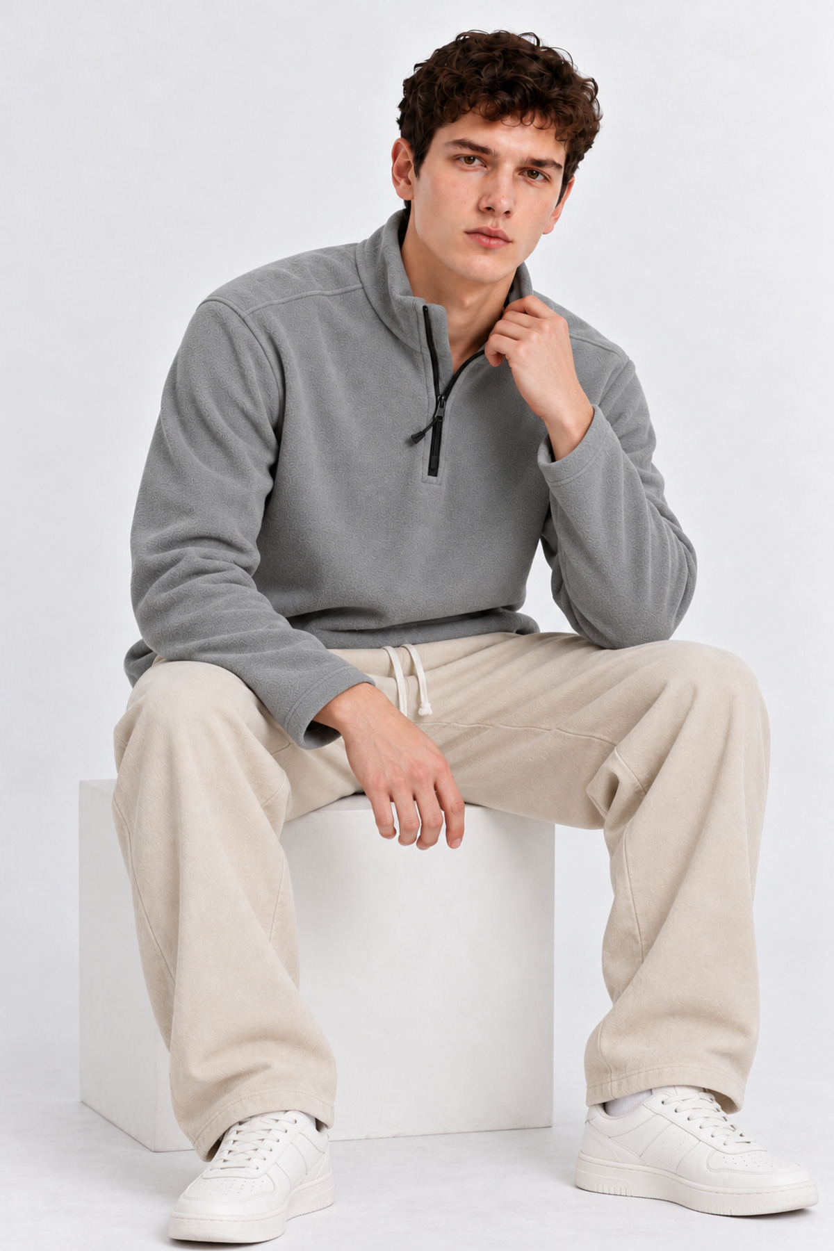 Erkek Yarım Fermuarlı Bol GRİ Sweatshirt 5