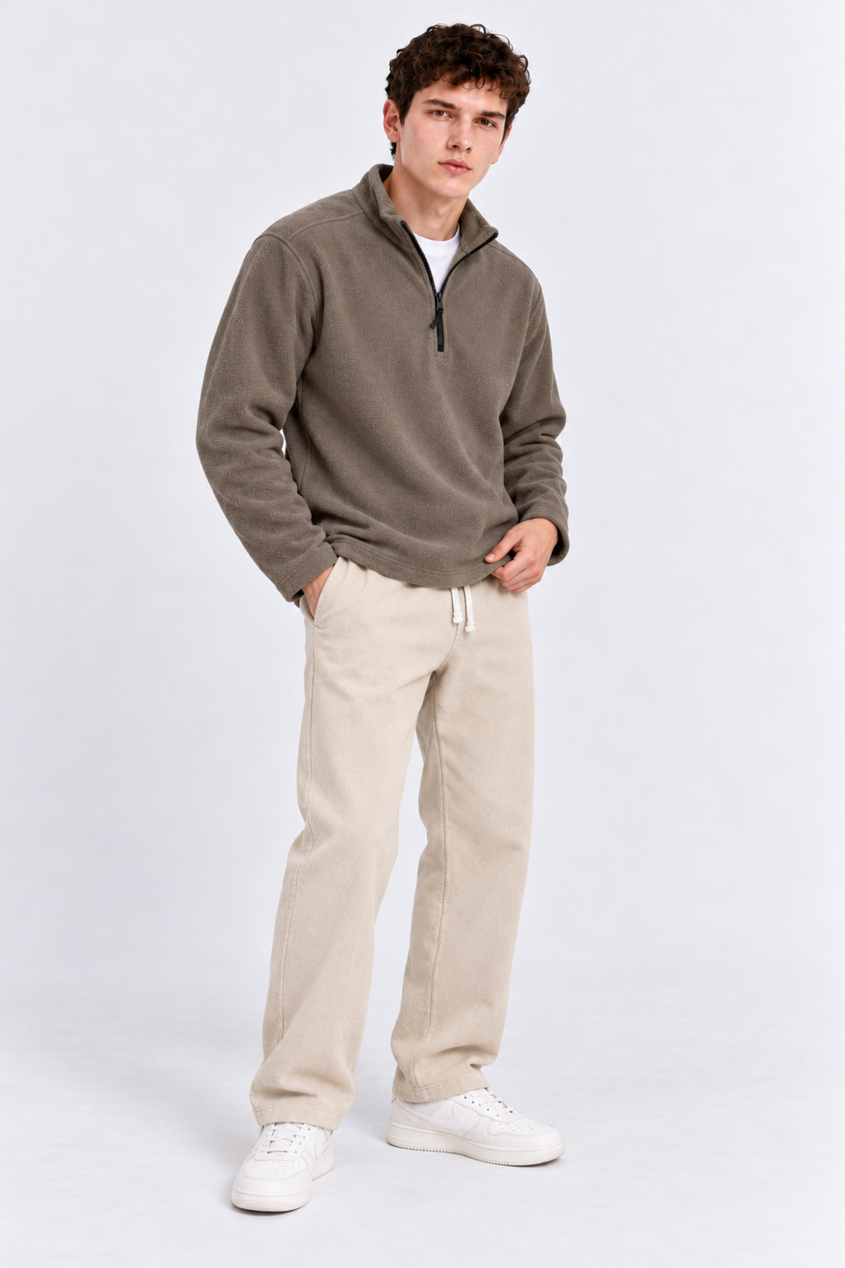 Erkek Yarım Fermuarlı Bol HAKİ Sweatshirt 6