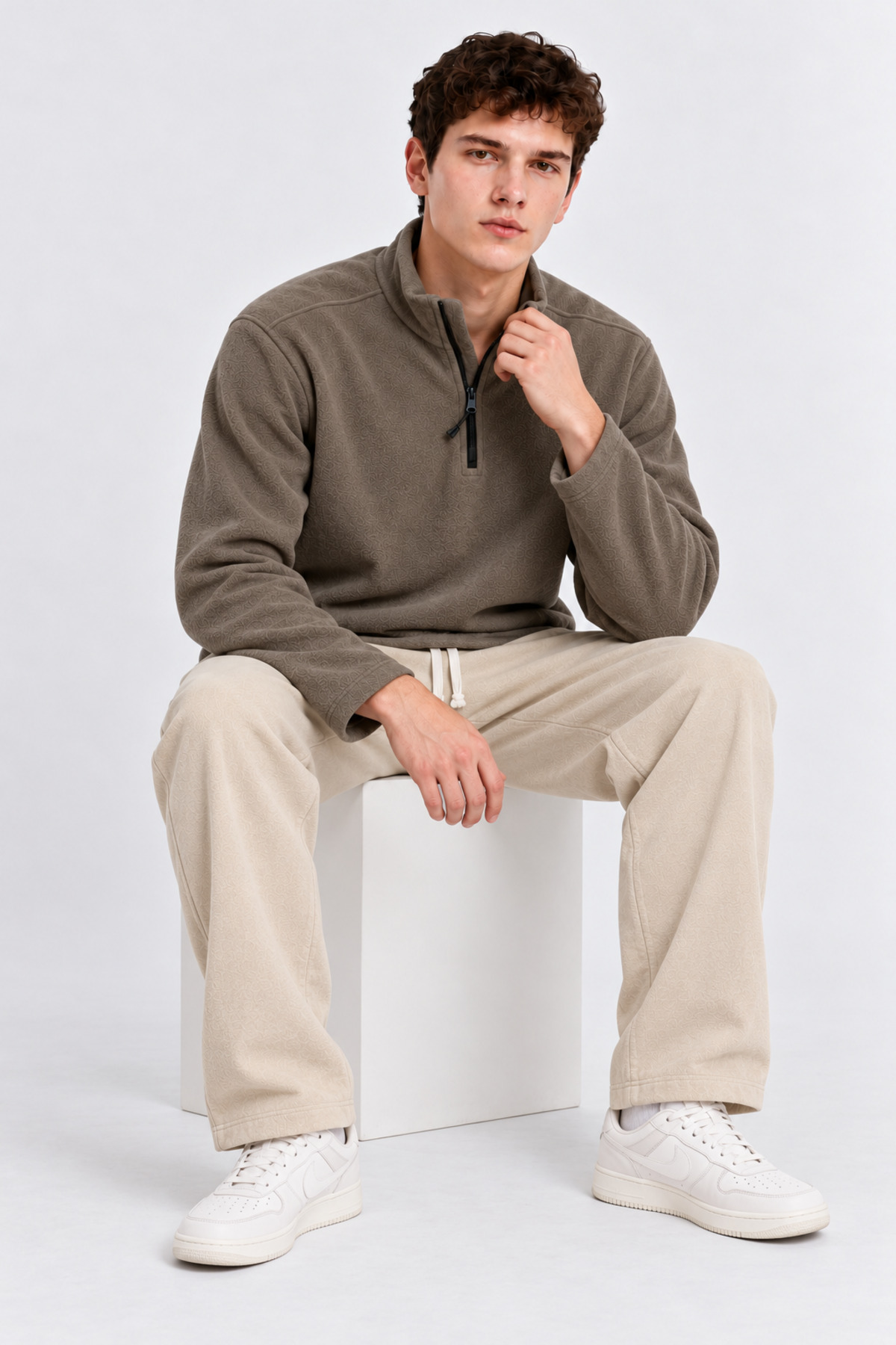Erkek Yarım Fermuarlı Bol HAKİ Sweatshirt 5