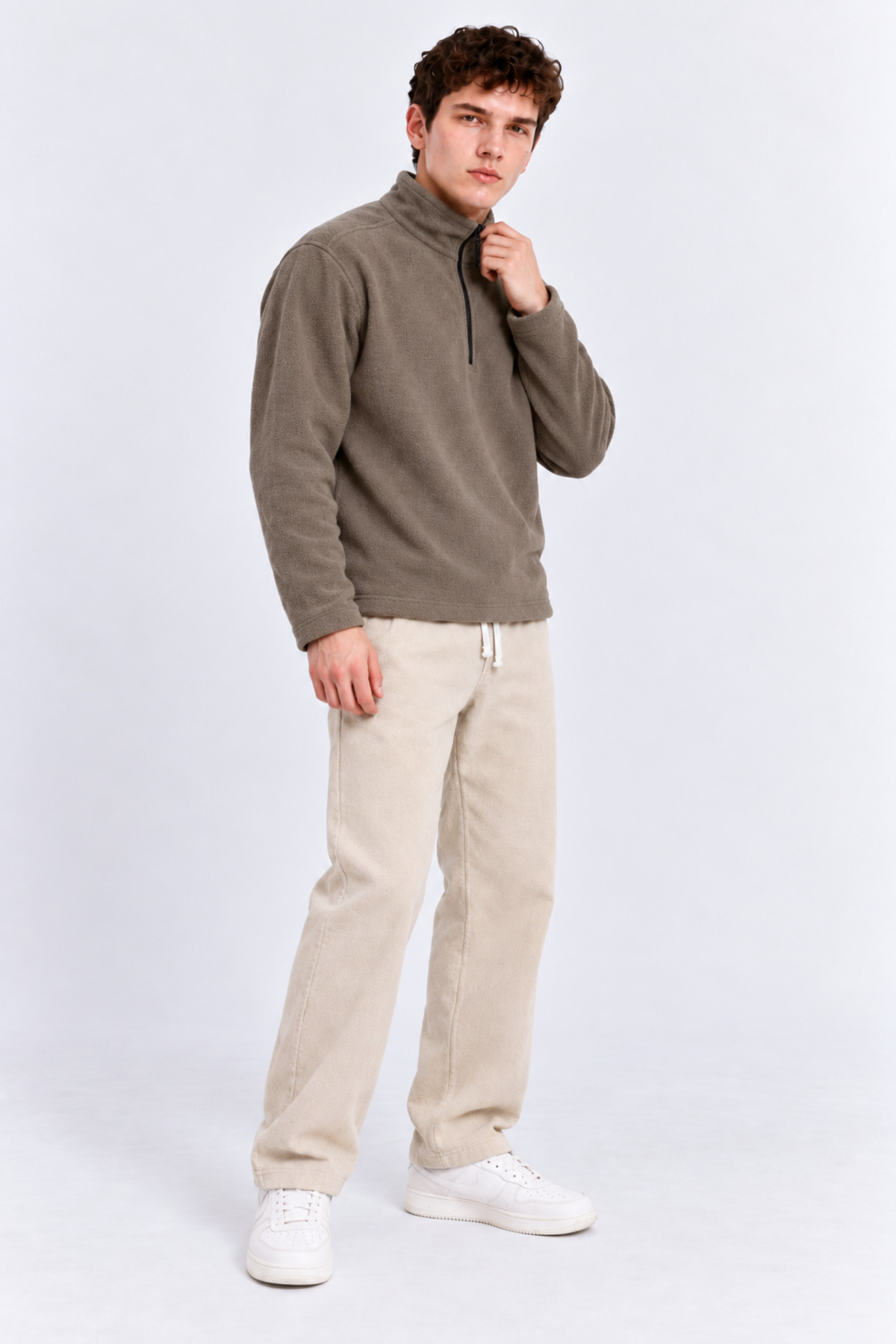 Erkek Yarım Fermuarlı Bol HAKİ Sweatshirt 3
