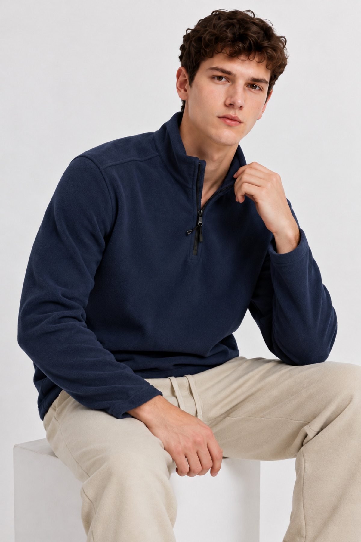 Erkek Yarım Fermuarlı Bol İNDİGO Sweatshirt 4
