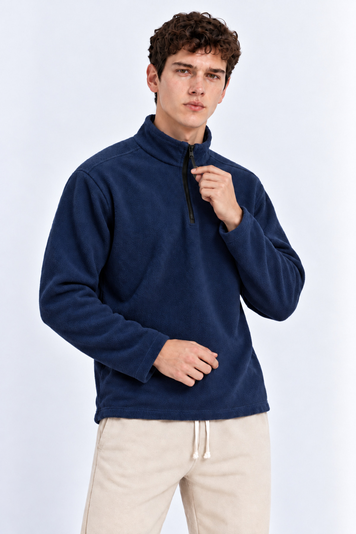 Erkek Yarım Fermuarlı Bol İNDİGO Sweatshirt 3