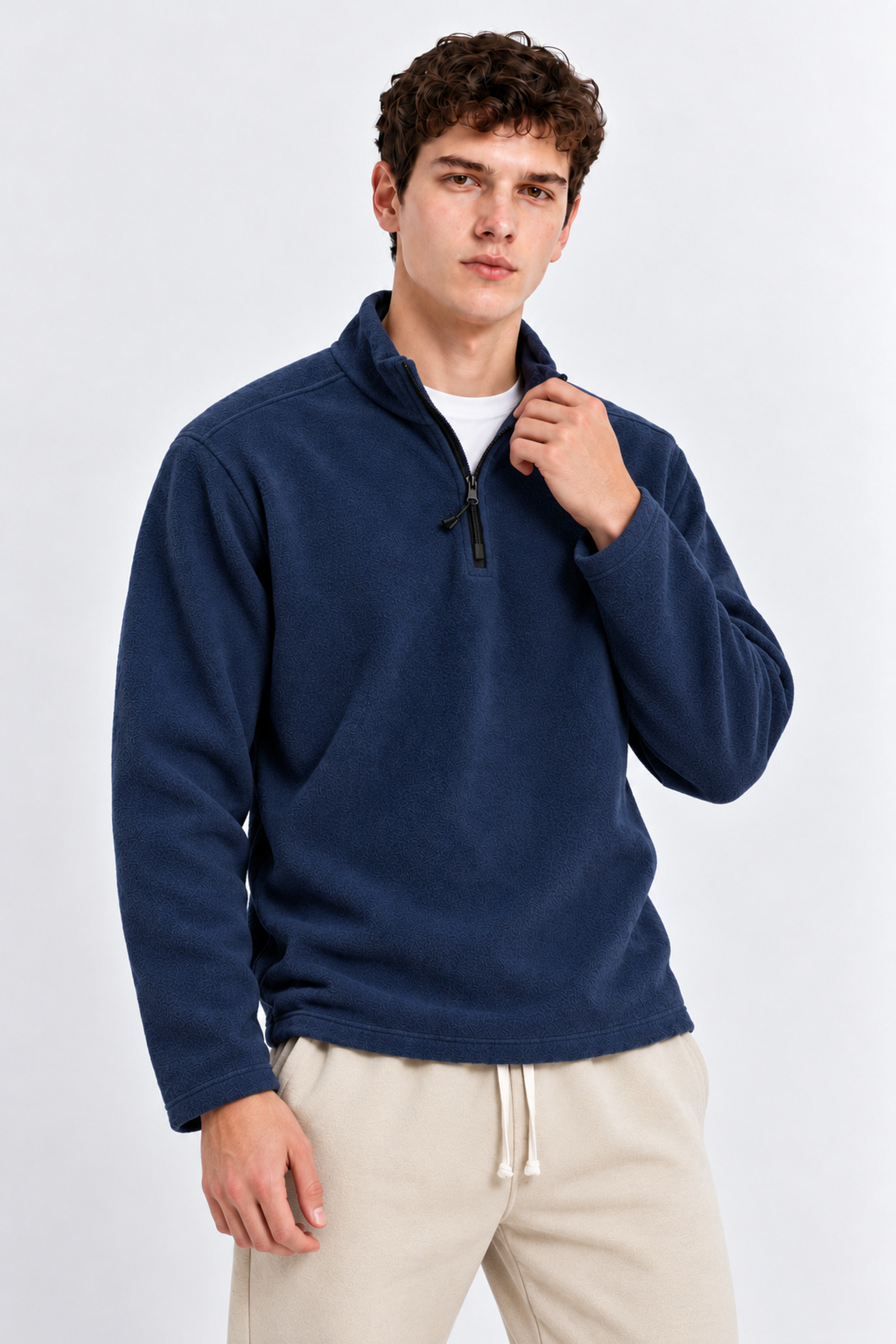 Erkek Yarım Fermuarlı Bol İNDİGO Sweatshirt 6