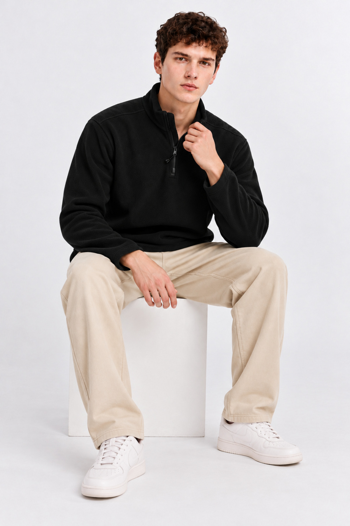 Erkek Yarım Fermuarlı Bol SİYAH Sweatshirt 5