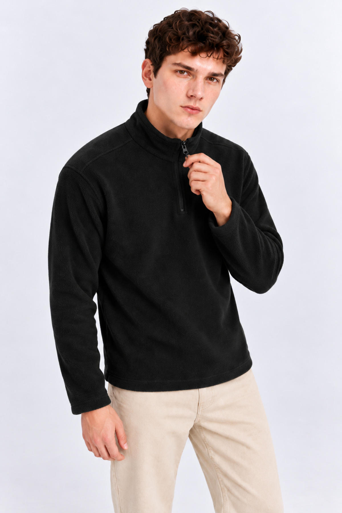 Erkek Yarım Fermuarlı Bol SİYAH Sweatshirt 4