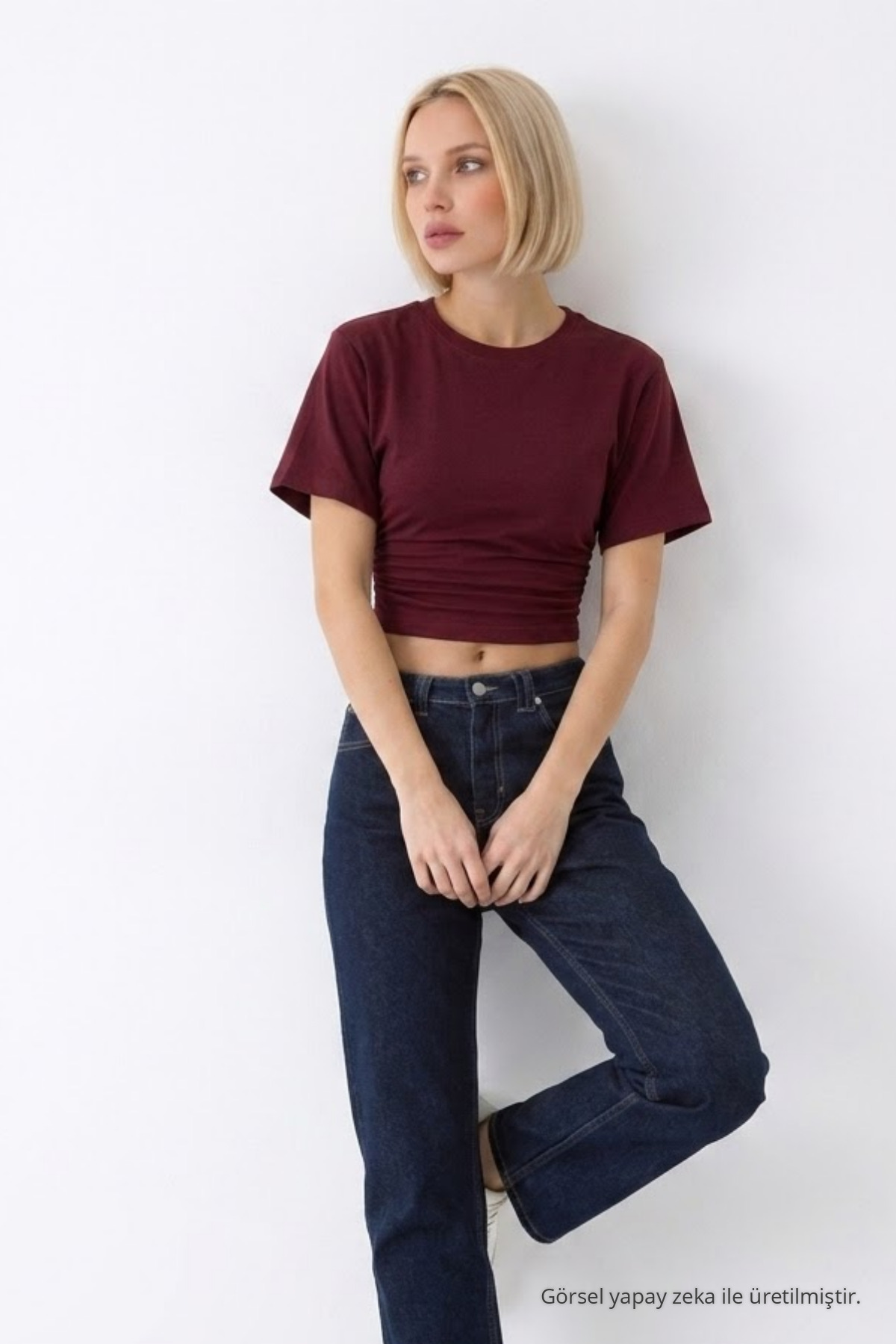 Kadın Fashion Slim Fit Bordo Crop Tişört 4