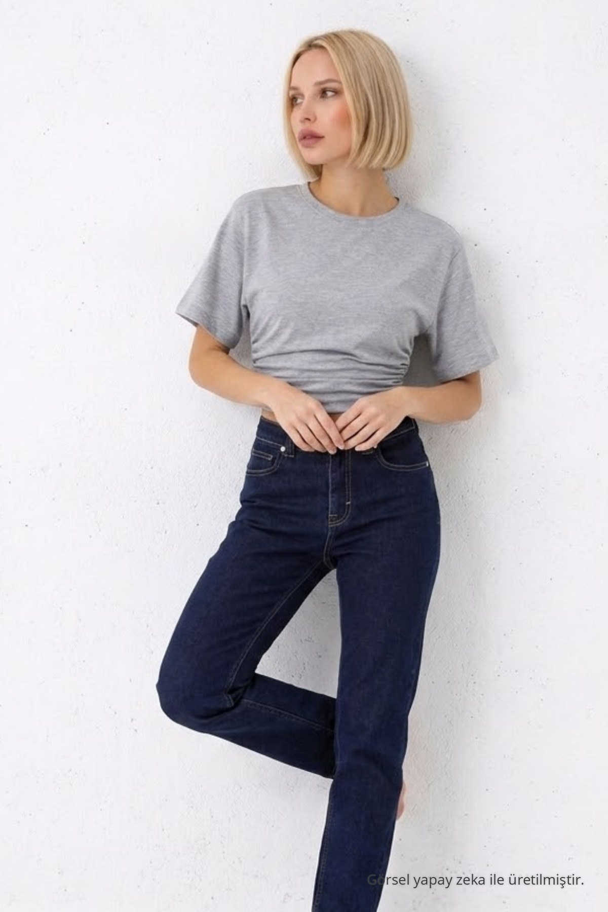 Kadın Fashion Slim Fit Gri Crop Tişört 4
