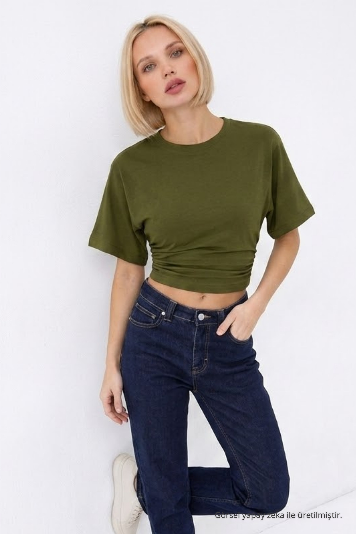Kadın Fashion Slim Fit Haki Crop Tişört 3