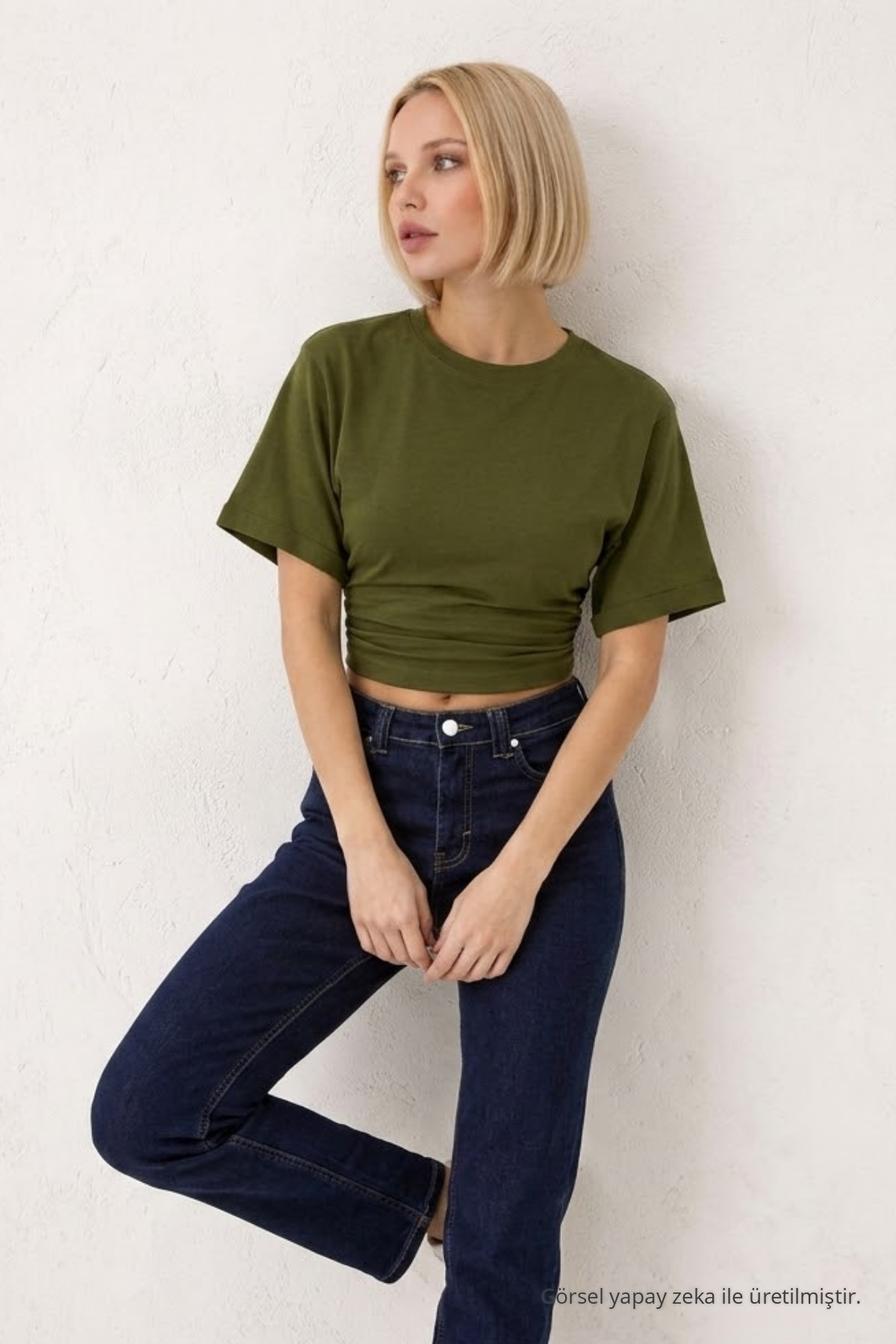 Kadın Fashion Slim Fit Haki Crop Tişört 4
