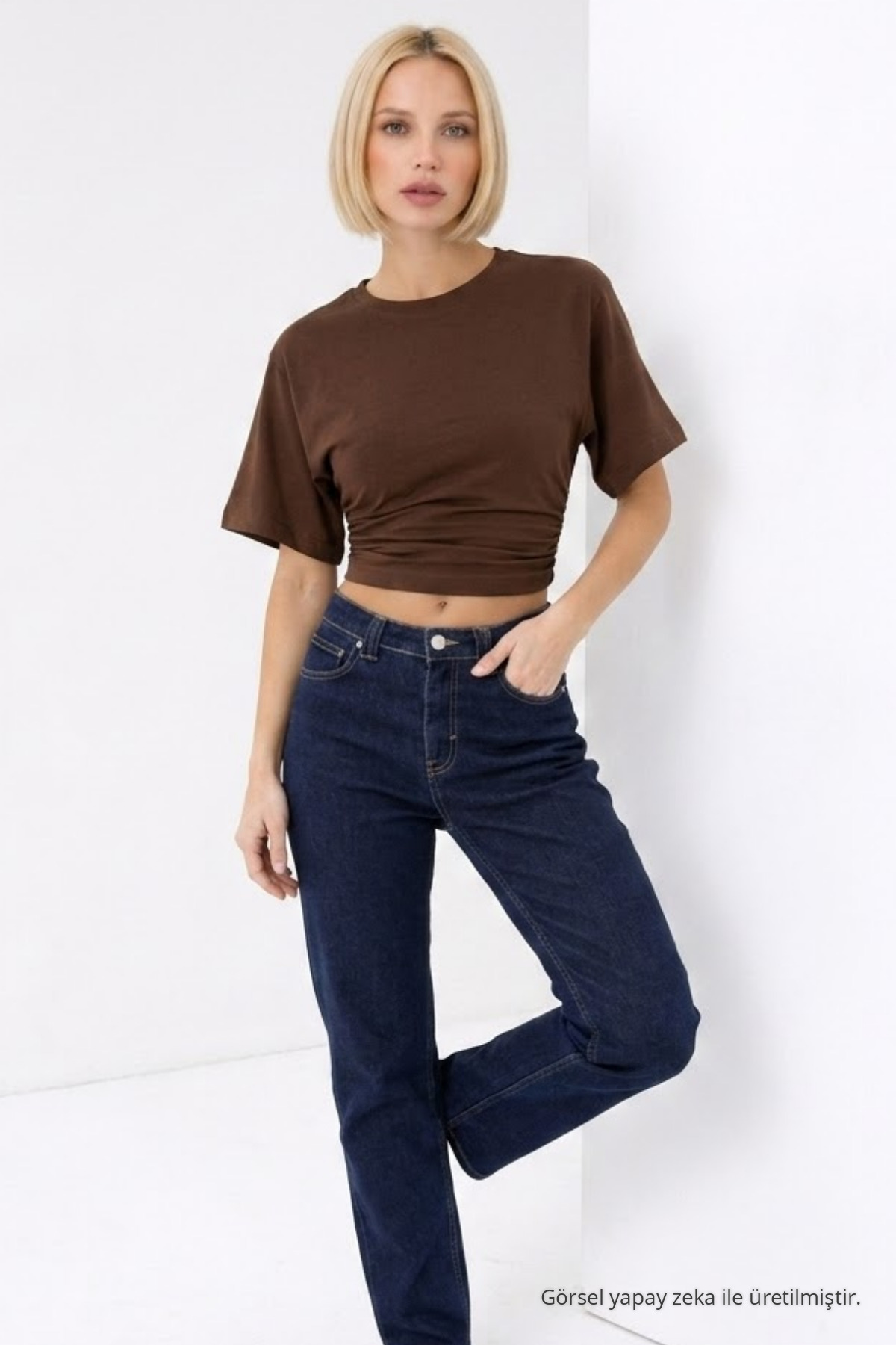 Kadın Fashion Slim Fit Kahve Crop Tişört 3