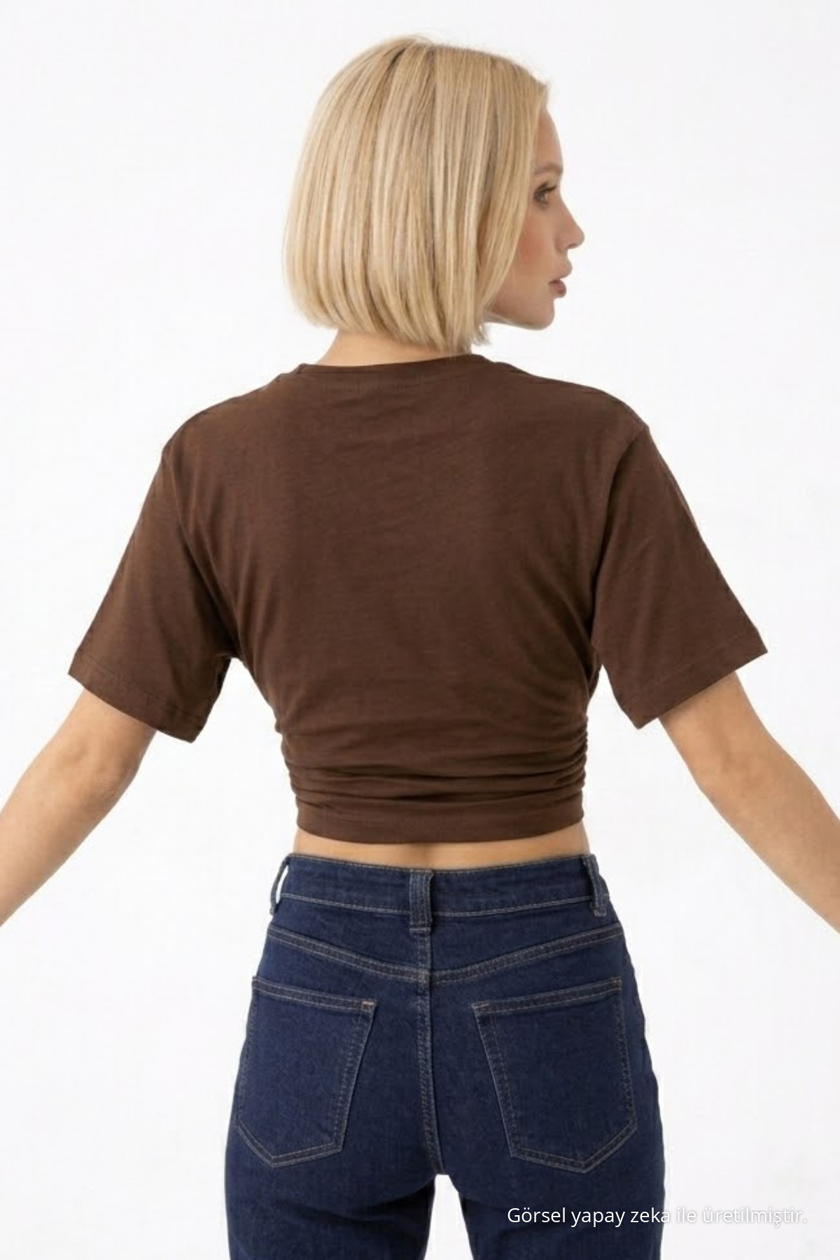 Kadın Fashion Slim Fit Kahve Crop Tişört 5