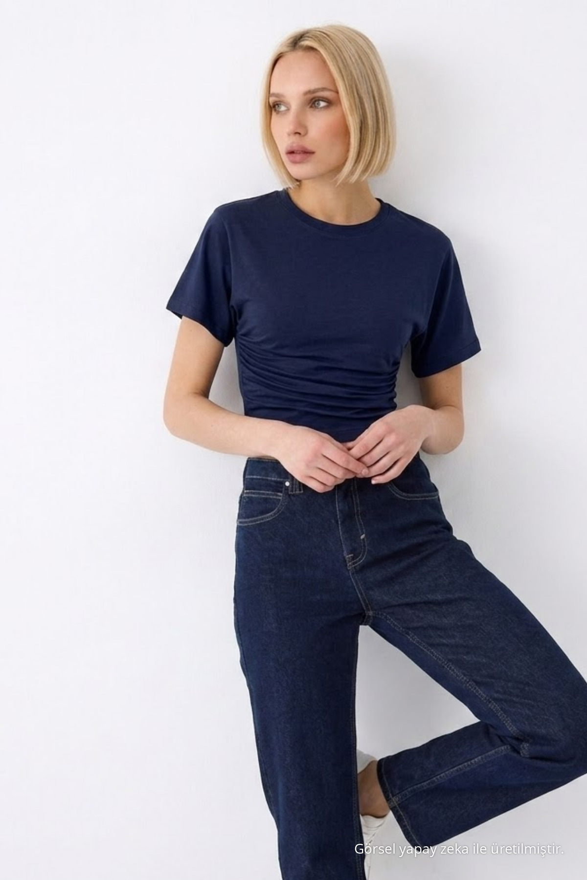 Kadın Fashion Slim Fit Lacivert Crop Tişört 4