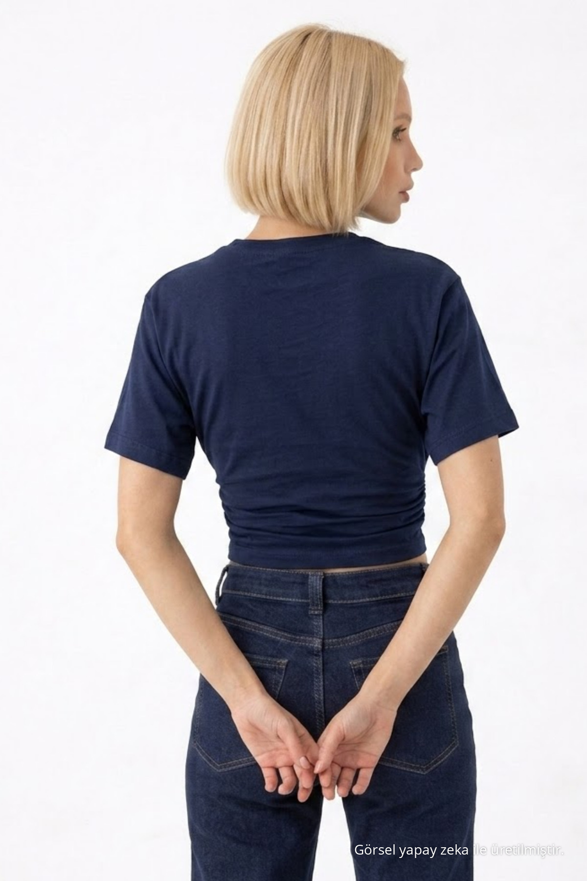 Kadın Fashion Slim Fit Lacivert Crop Tişört 6