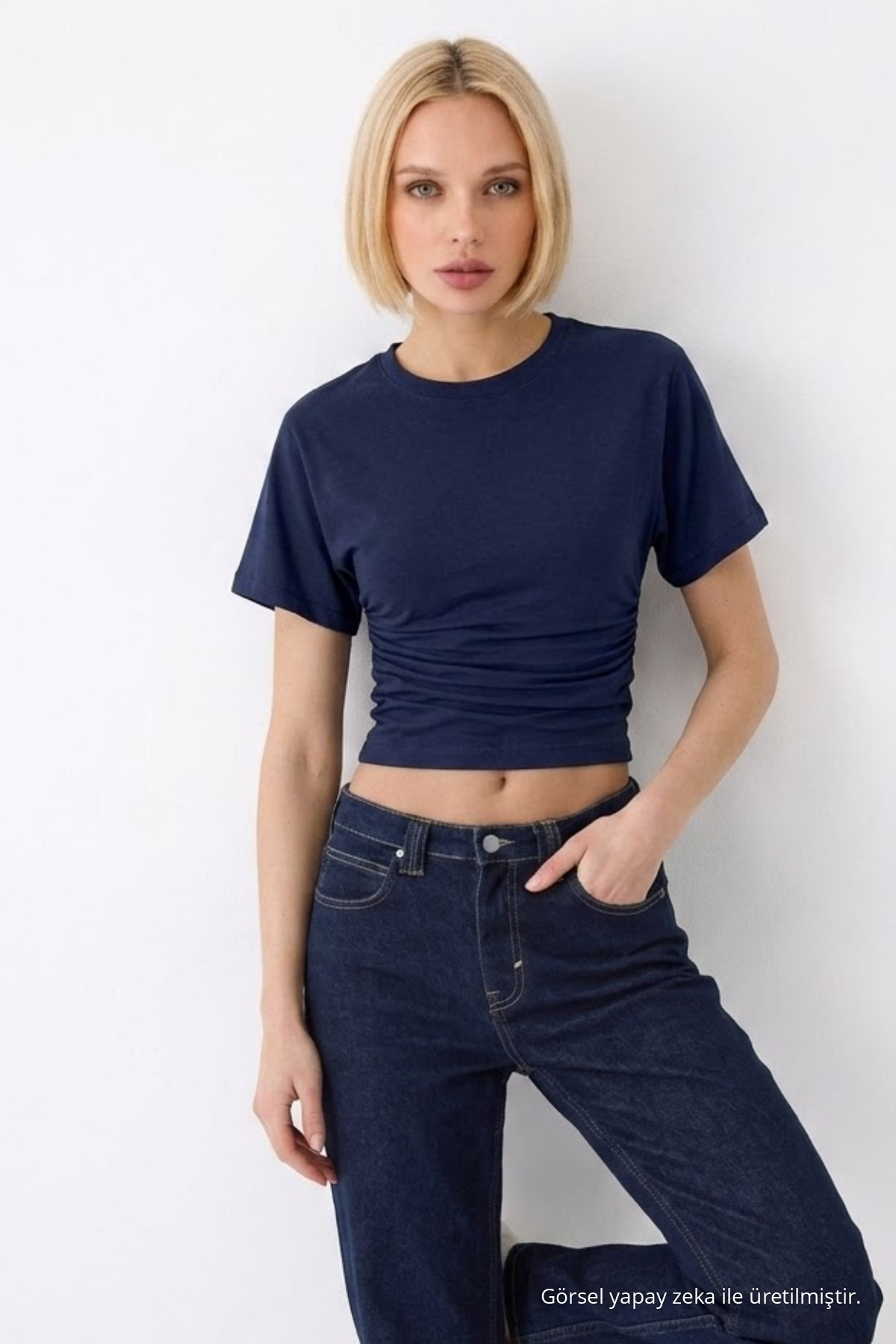 Kadın Fashion Slim Fit Lacivert Crop Tişört 3