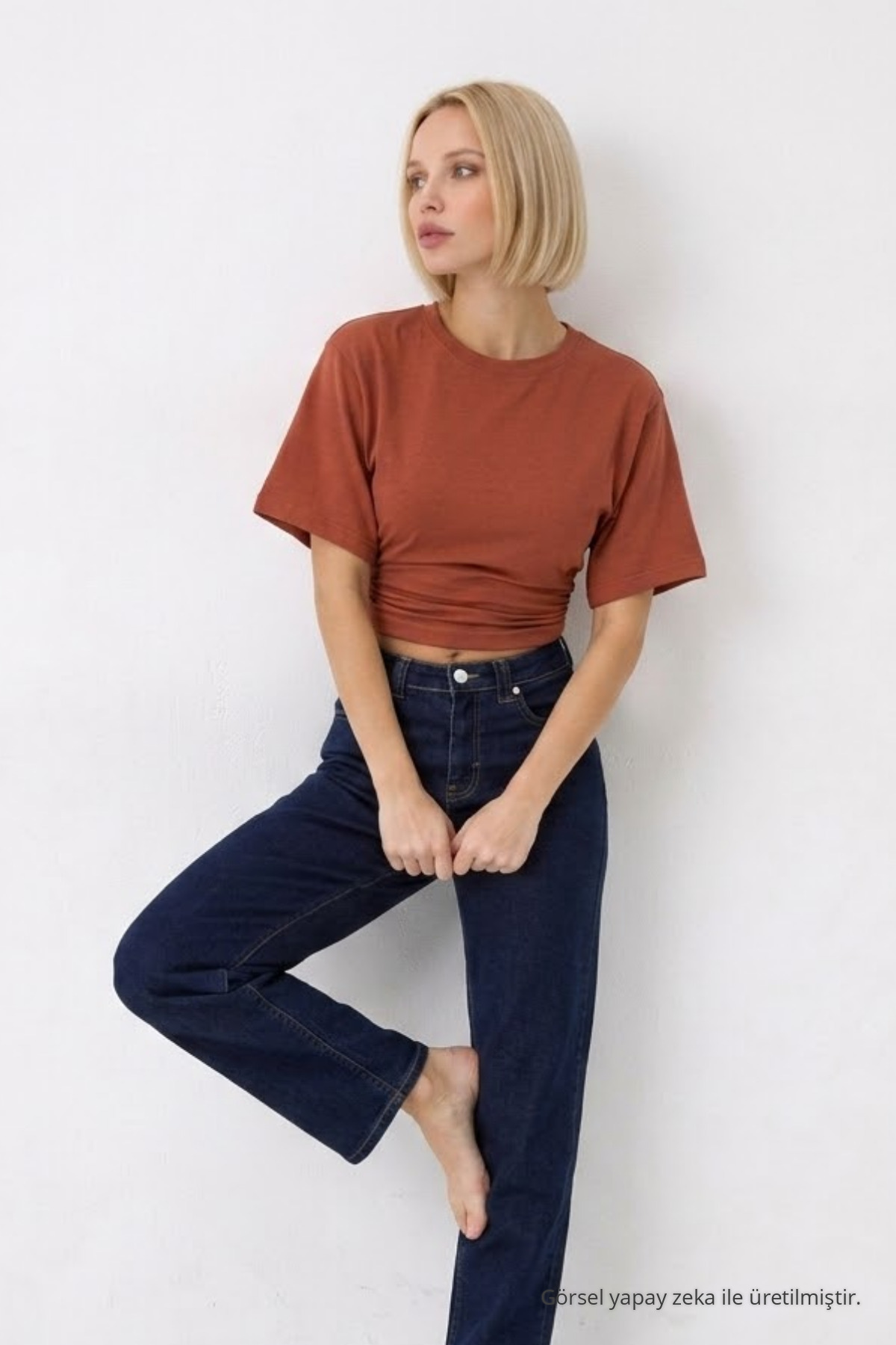 Kadın Fashion Slim Fit Pudra Crop Tişört 4