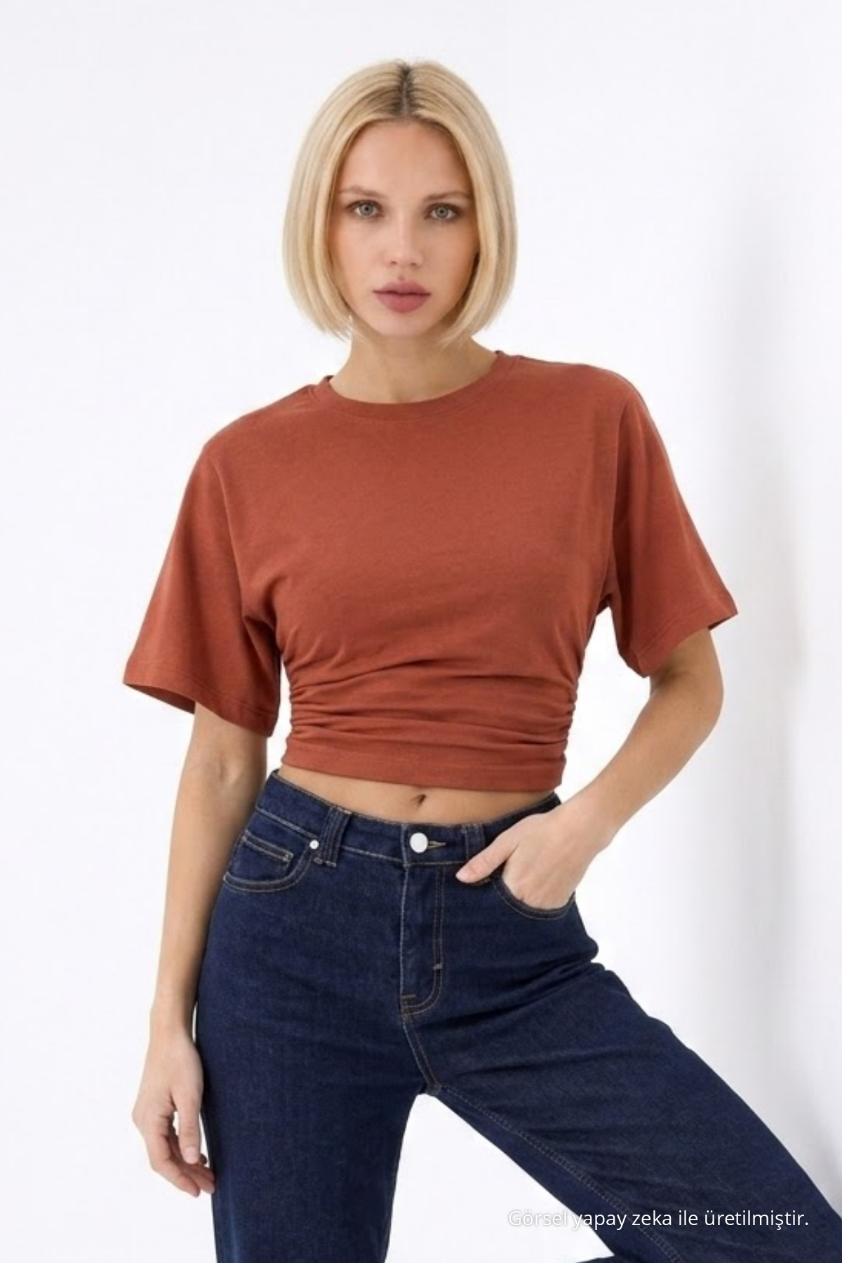 Kadın Fashion Slim Fit Pudra Crop Tişört 3